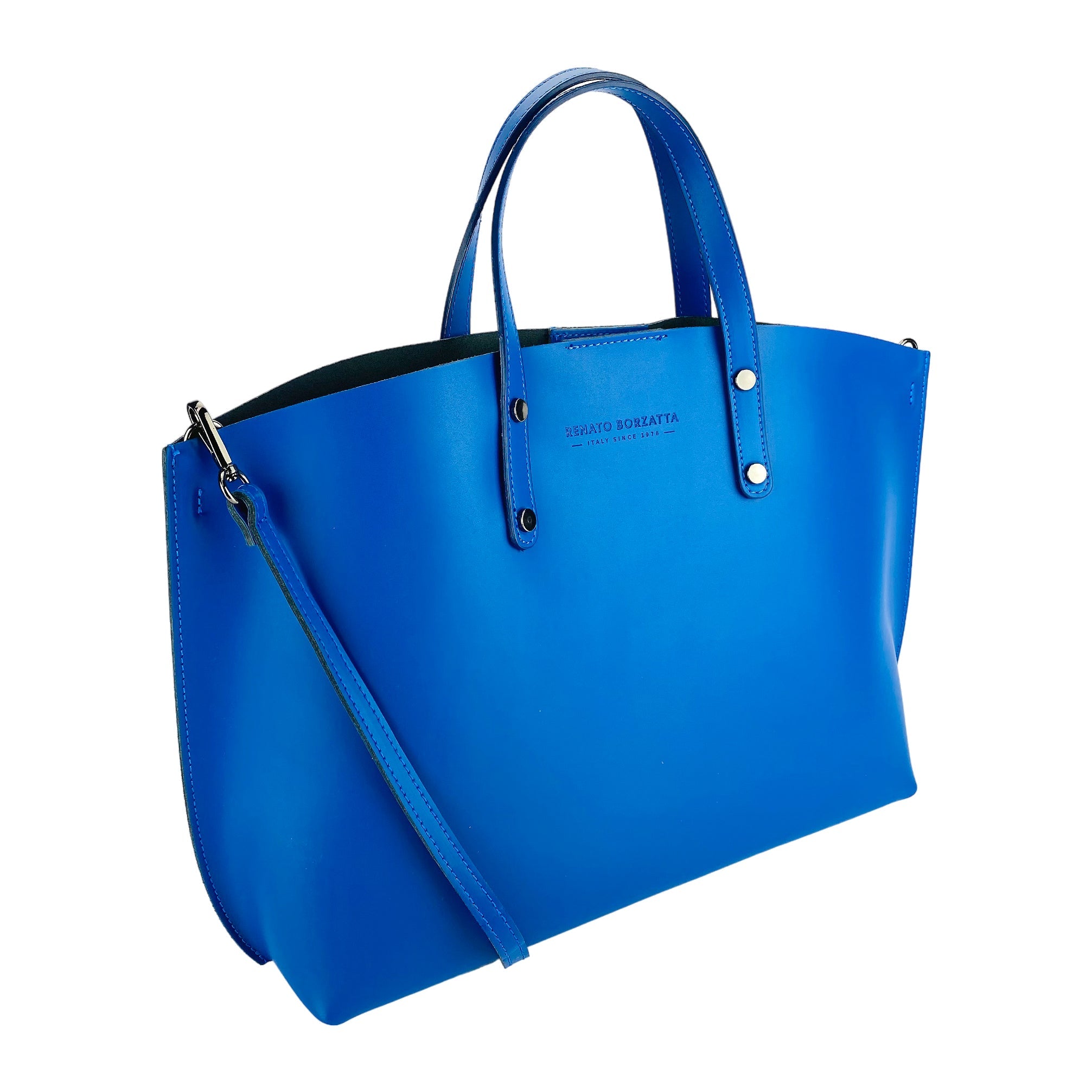 RB1024CH | Women's Hand Bag in Genuine Leather Made in Italy with removable shoulder strap. Large removable internal bag. Shiny Gunmetal Accessories - Royal Blue color - Dimensions: cm 48x31x11