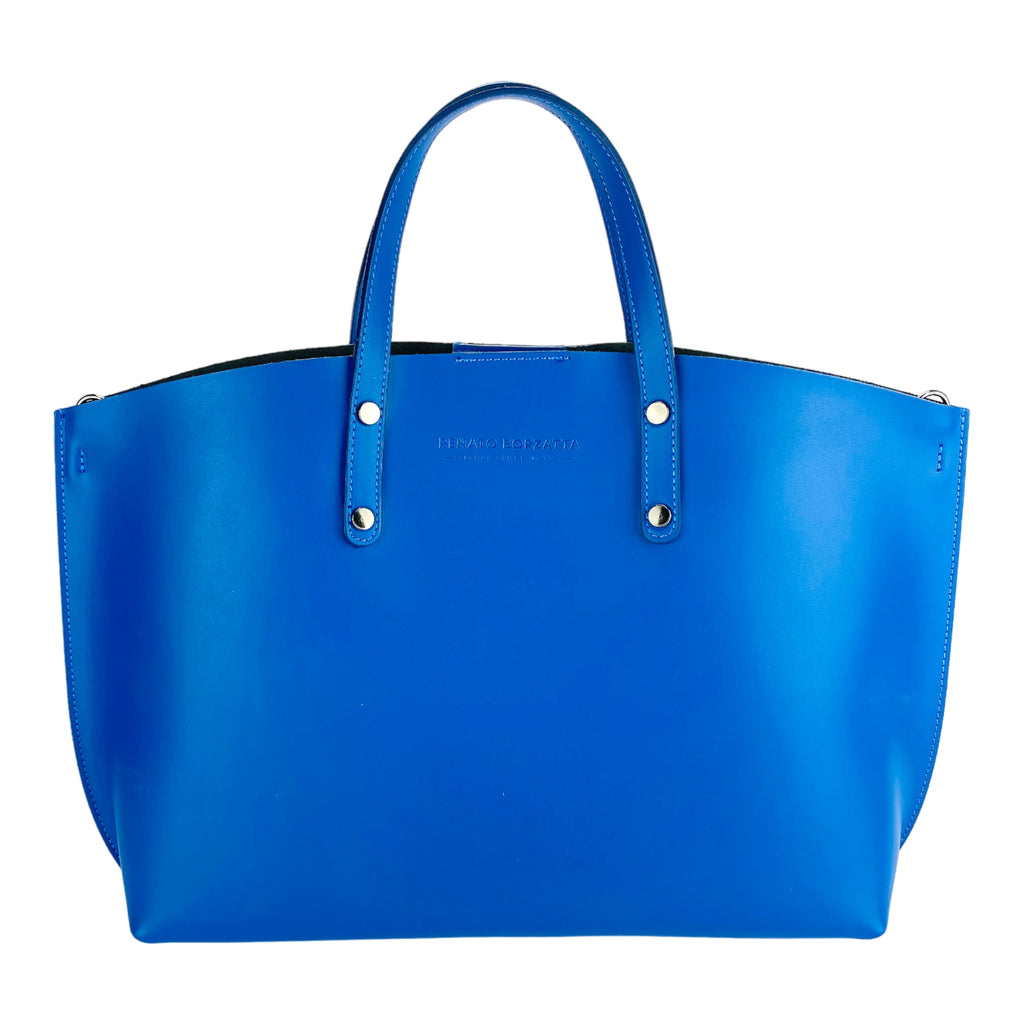 RB1024CH | Women's Hand Bag in Genuine Leather Made in Italy with removable shoulder strap. Large removable internal bag. Shiny Gunmetal Accessories - Royal Blue color - Dimensions: cm 48x31x11