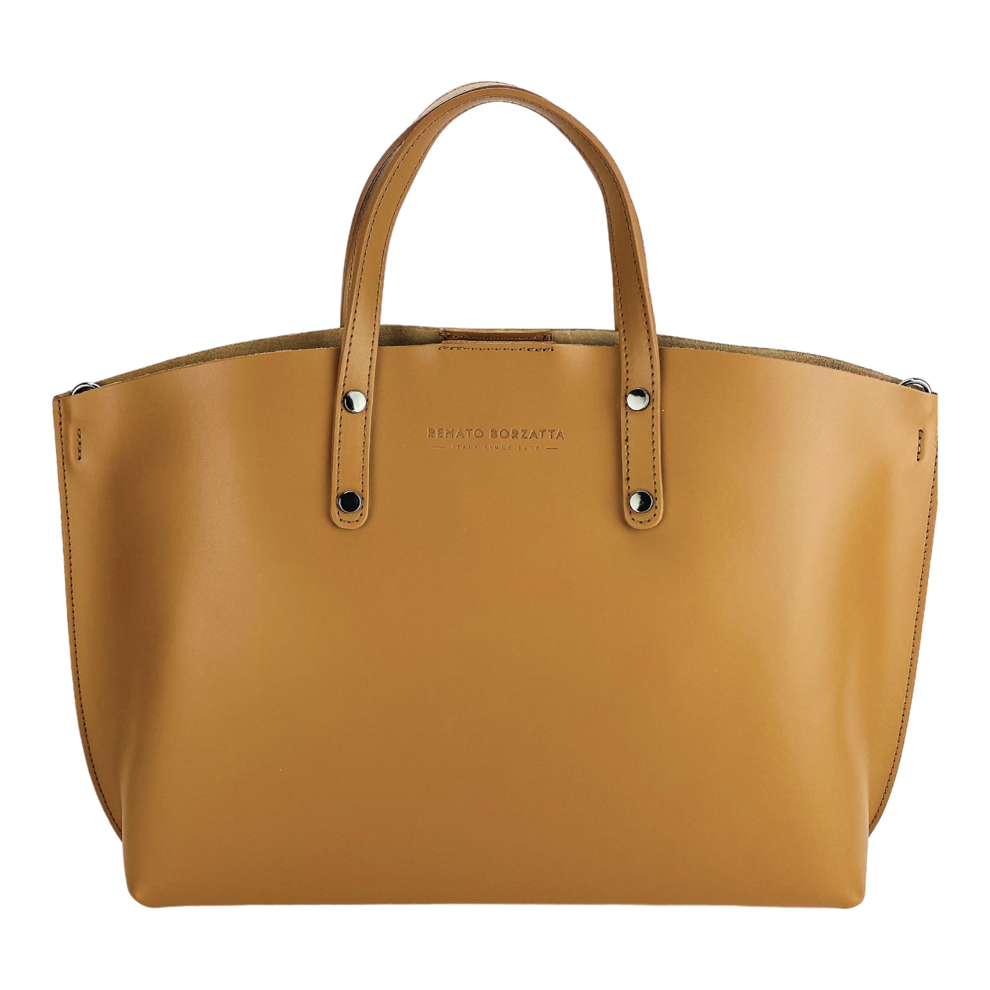 RB1024S | Women's Hand Bag in Genuine Leather Made in Italy with removable shoulder strap. Large removable internal bag. Polished Gunmetal Accessories - Cognac Color - Dimensions: cm 48x31x11