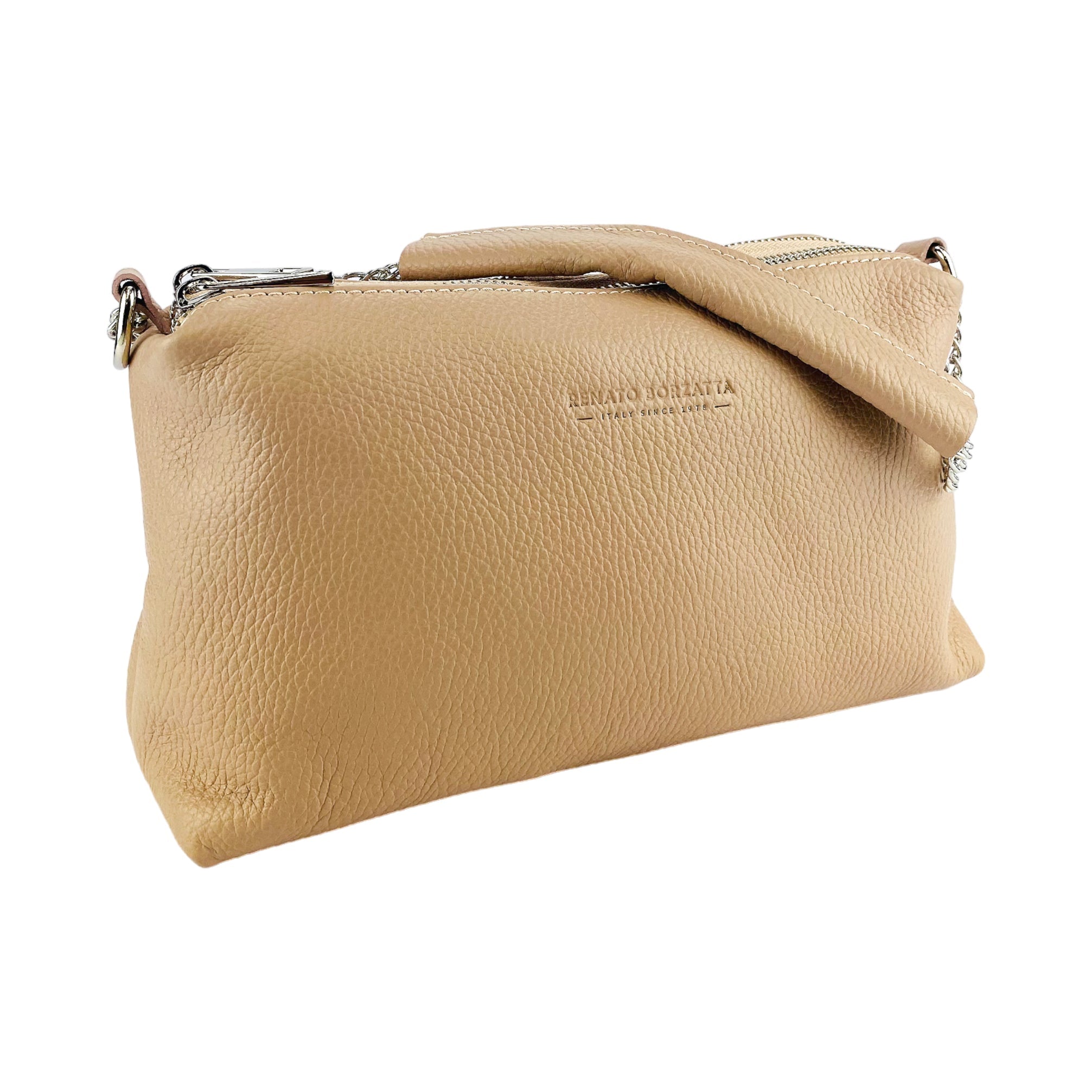 RB1025AU | Women's Hand Bag with double zipper in Genuine Leather Made in Italy. Adjustable leather shoulder strap. Shiny Nickel hardware - Powder color - Dimensions: 26 x 14 x 9 cm.