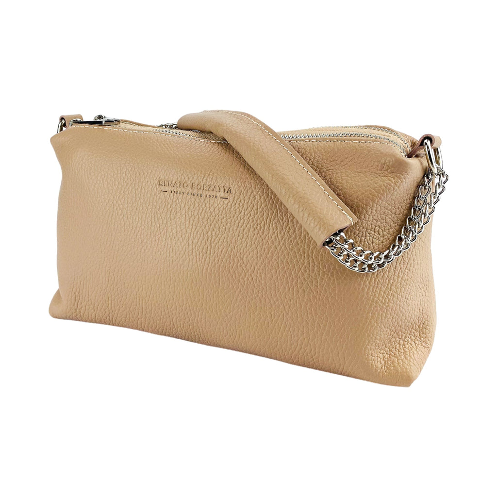 RB1025AU | Women's Hand Bag with double zipper in Genuine Leather Made in Italy. Adjustable leather shoulder strap. Shiny Nickel hardware - Powder color - Dimensions: 26 x 14 x 9 cm.