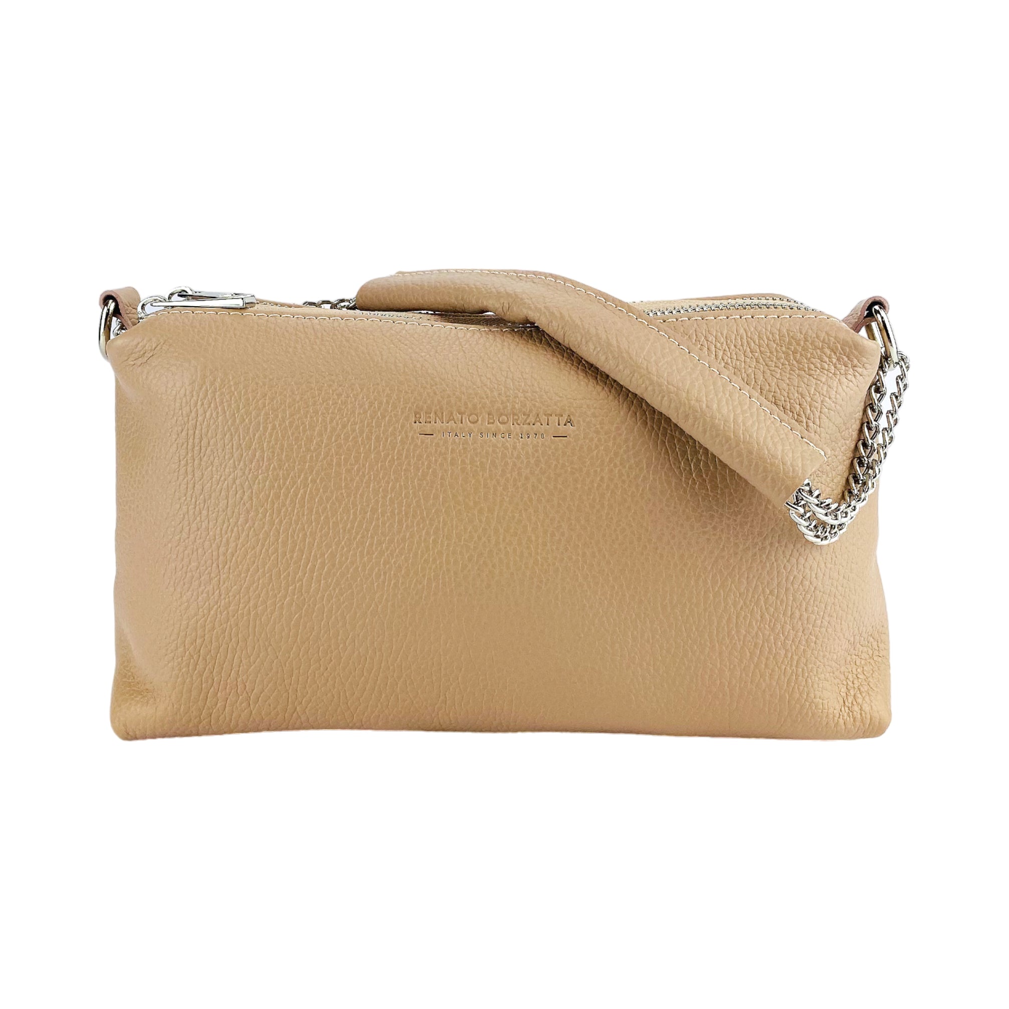 RB1025AU | Women's Hand Bag with double zipper in Genuine Leather Made in Italy. Adjustable leather shoulder strap. Shiny Nickel hardware - Powder color - Dimensions: 26 x 14 x 9 cm.