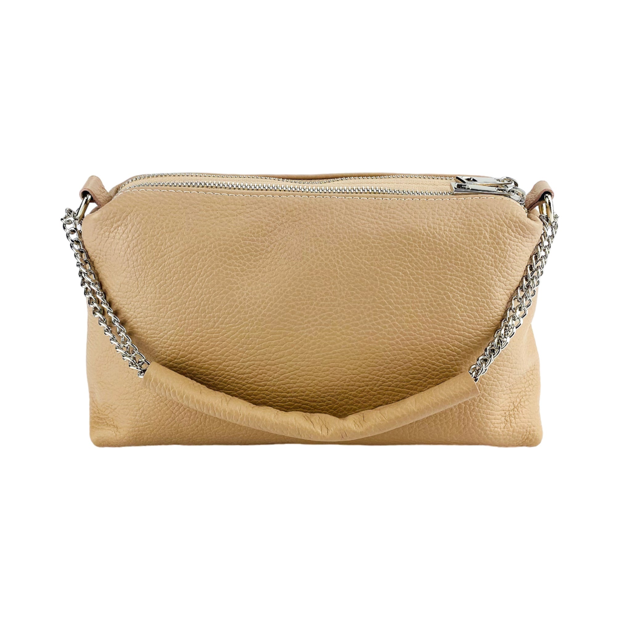 RB1025AU | Women's Hand Bag with double zipper in Genuine Leather Made in Italy. Adjustable leather shoulder strap. Shiny Nickel hardware - Powder color - Dimensions: 26 x 14 x 9 cm.