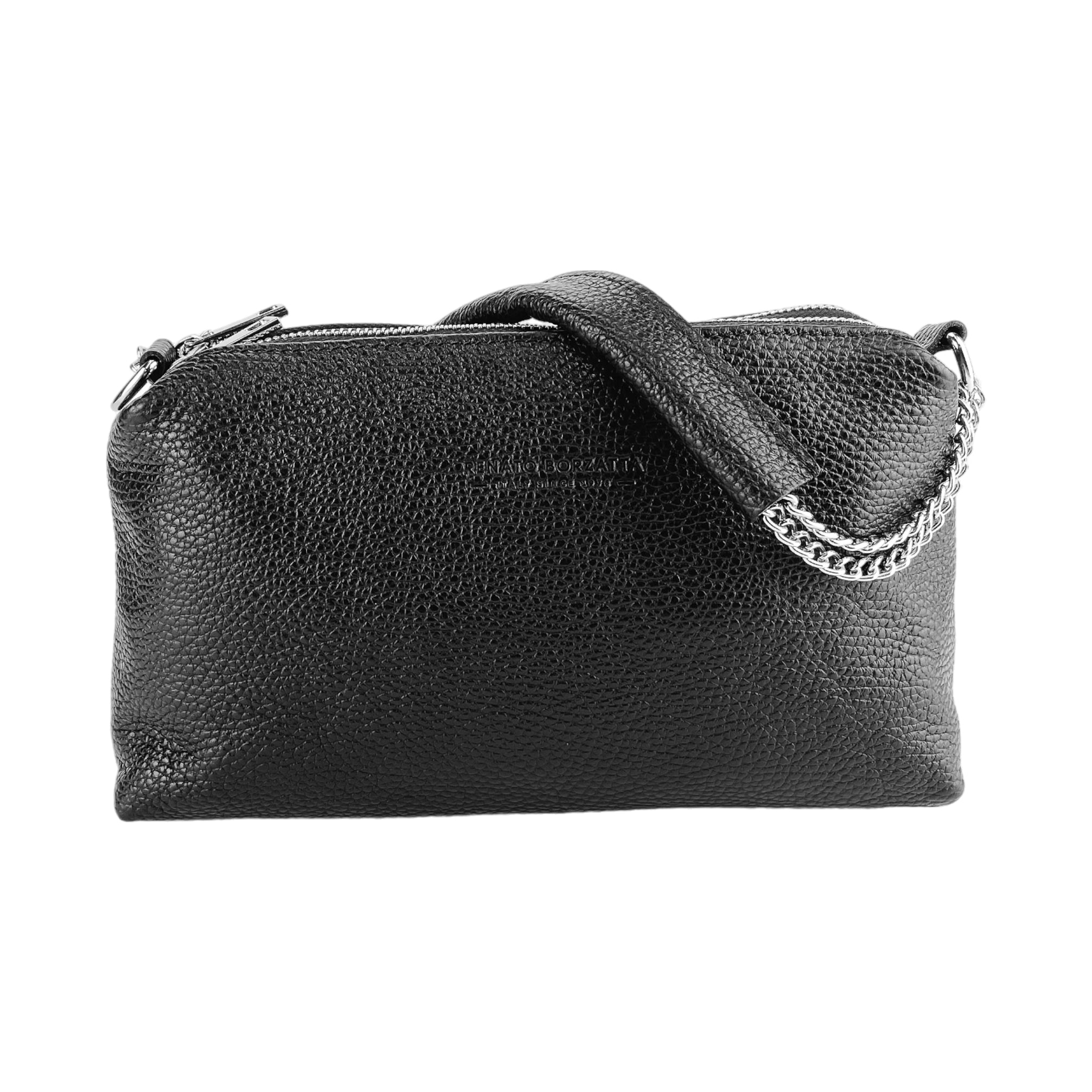 RB1025A | Women's Hand Bag with double zipper in Genuine Leather Made in Italy. Adjustable leather shoulder strap. Shiny Nickel hardware - Black color - Dimensions: cm 26 x 14 x 9