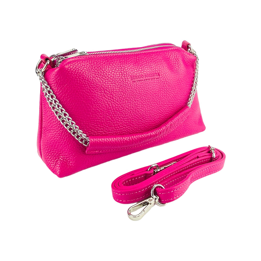 RB1025BE | Women's Hand Bag with double zipper in Genuine Leather Made in Italy. Adjustable leather shoulder strap. Shiny Nickel hardware - Fuxia color - Dimensions: cm 26 x 14 x 9