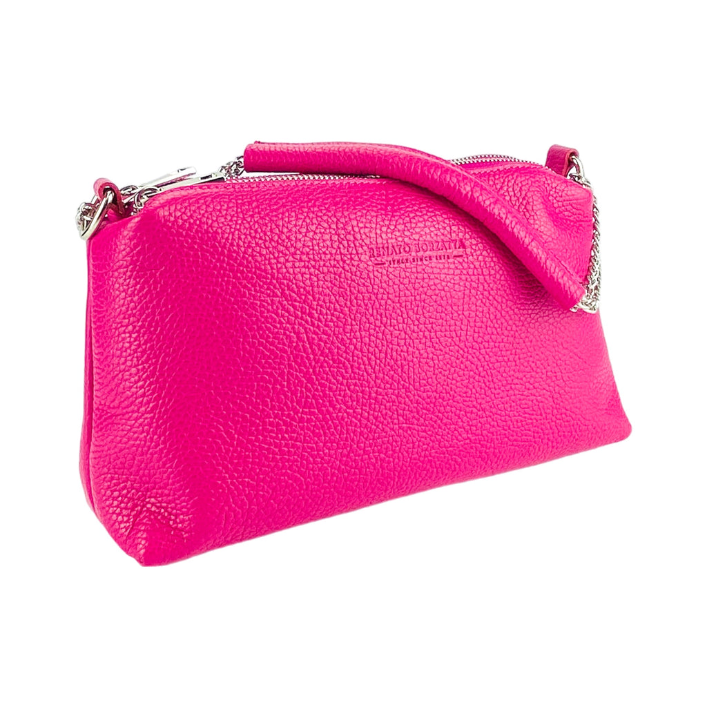 RB1025BE | Women's Hand Bag with double zipper in Genuine Leather Made in Italy. Adjustable leather shoulder strap. Shiny Nickel hardware - Fuxia color - Dimensions: cm 26 x 14 x 9