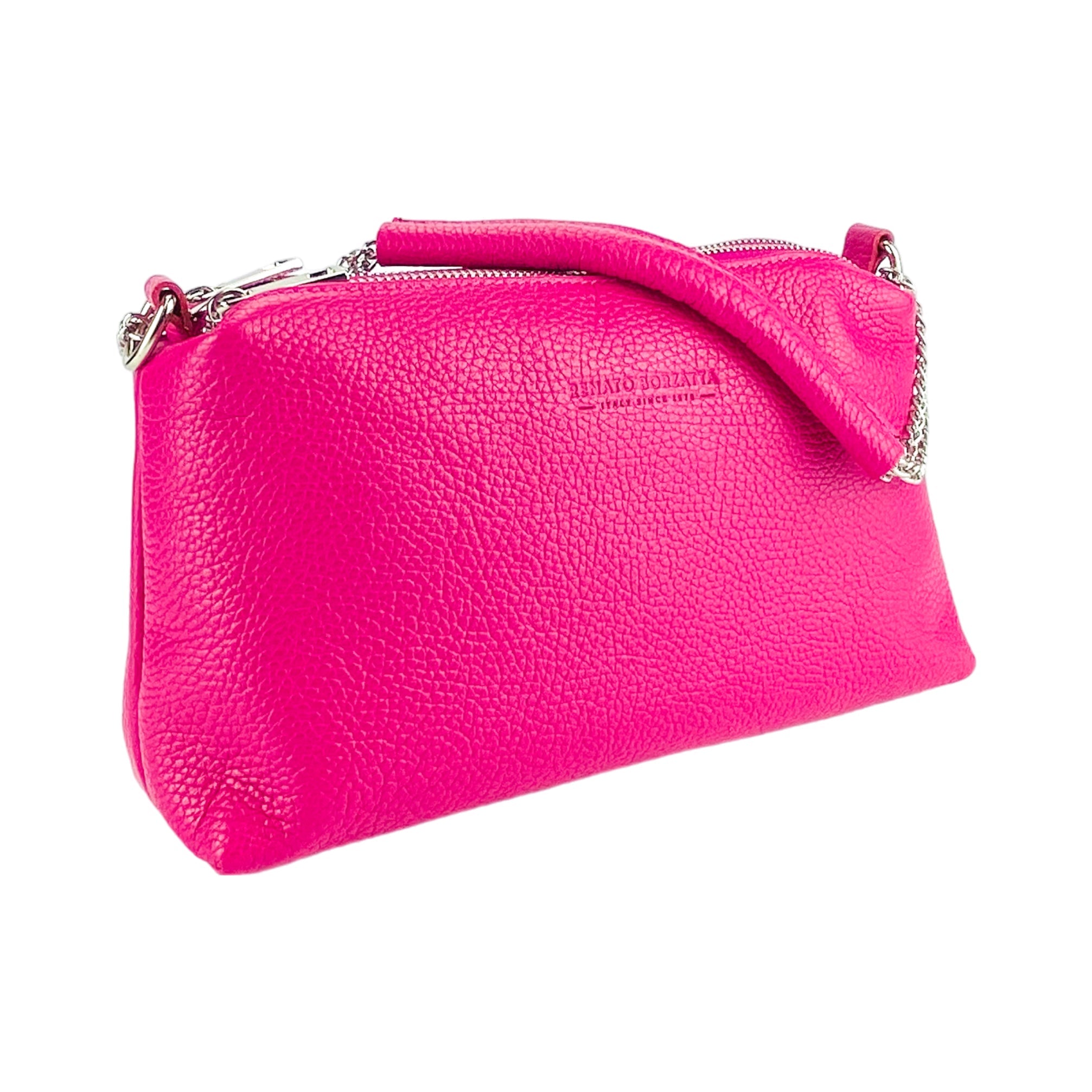 RB1025BE | Women's Hand Bag with double zipper in Genuine Leather Made in Italy. Adjustable leather shoulder strap. Shiny Nickel hardware - Fuxia color - Dimensions: cm 26 x 14 x 9