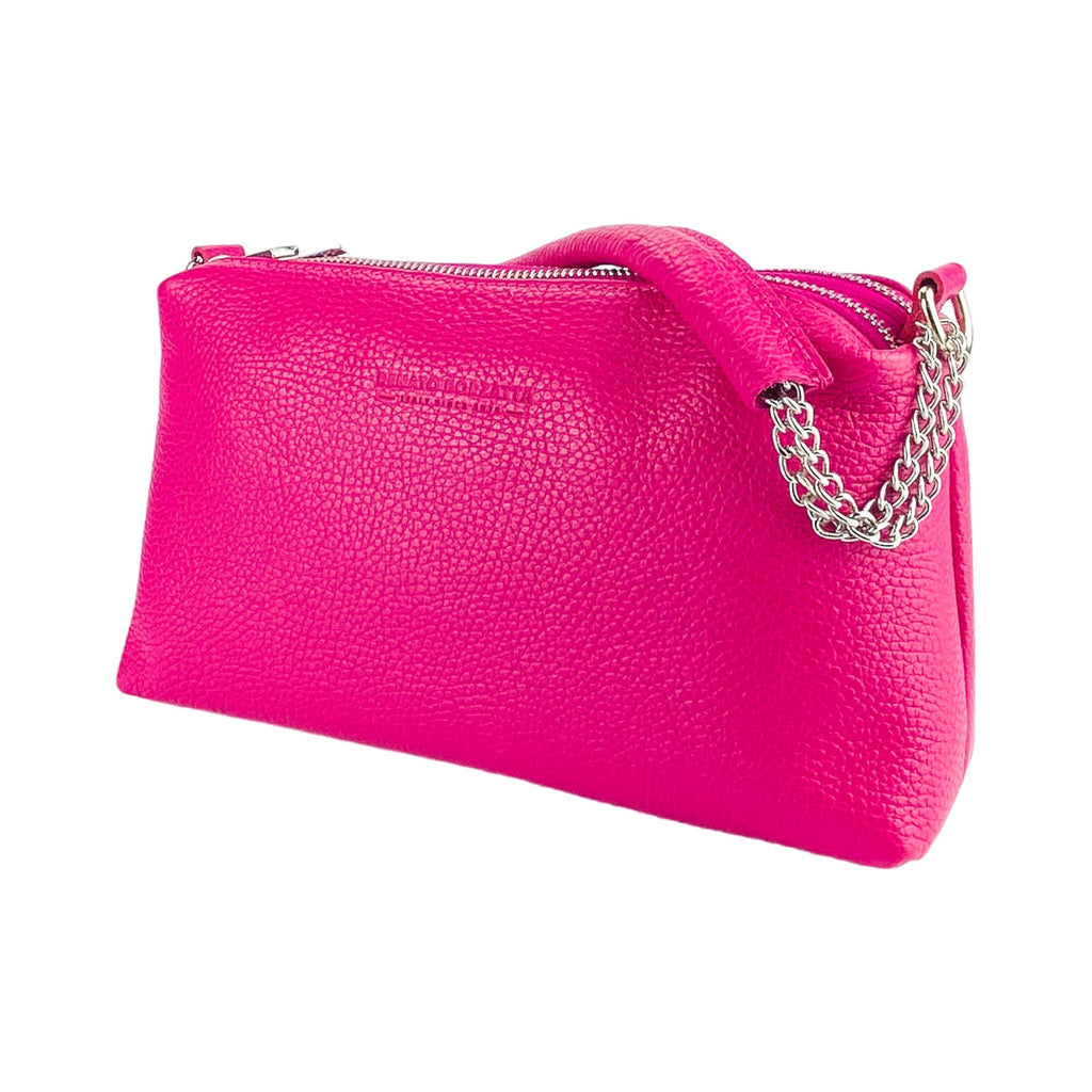 RB1025BE | Women's Hand Bag with double zipper in Genuine Leather Made in Italy. Adjustable leather shoulder strap. Shiny Nickel hardware - Fuxia color - Dimensions: cm 26 x 14 x 9