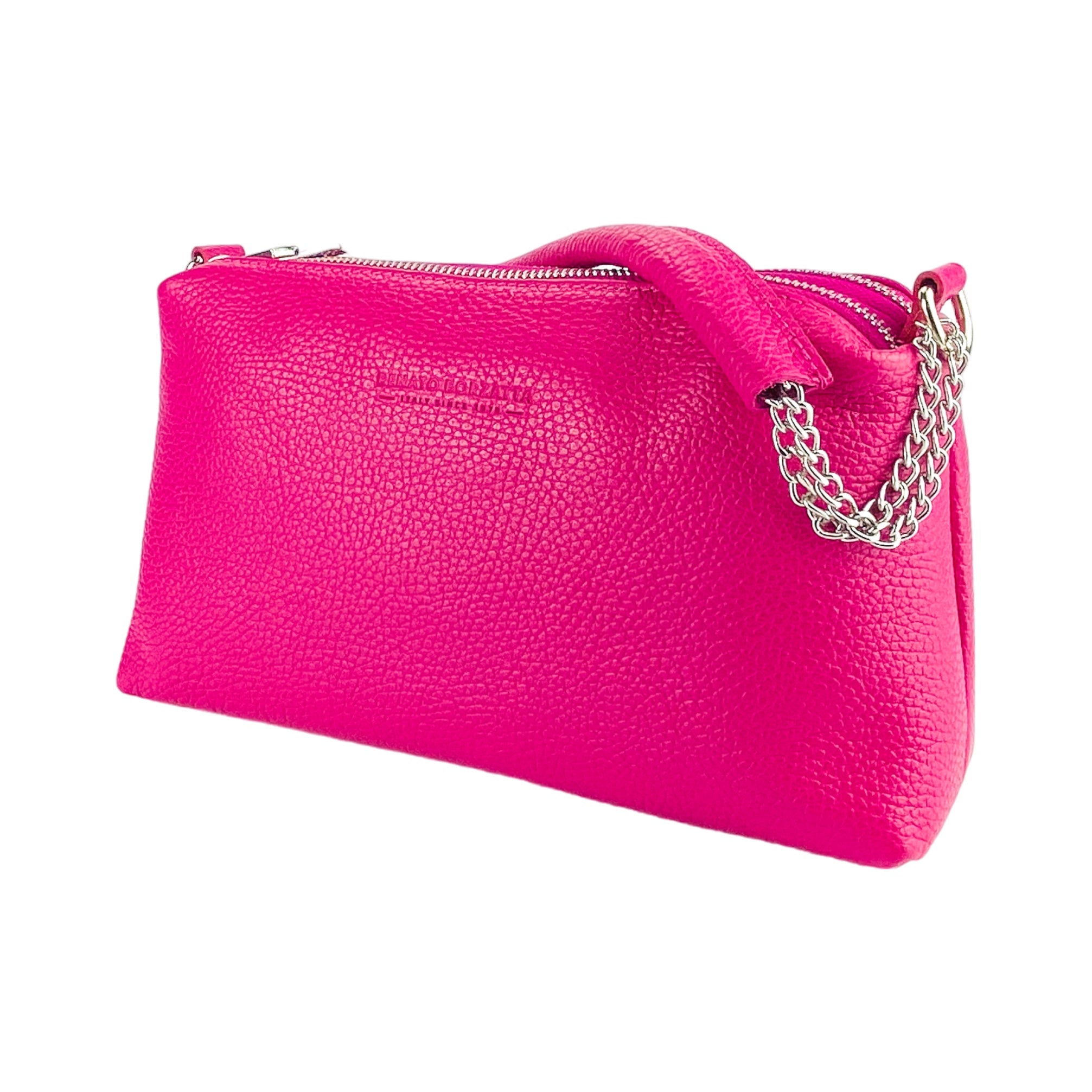 RB1025BE | Women's Hand Bag with double zipper in Genuine Leather Made in Italy. Adjustable leather shoulder strap. Shiny Nickel hardware - Fuxia color - Dimensions: cm 26 x 14 x 9