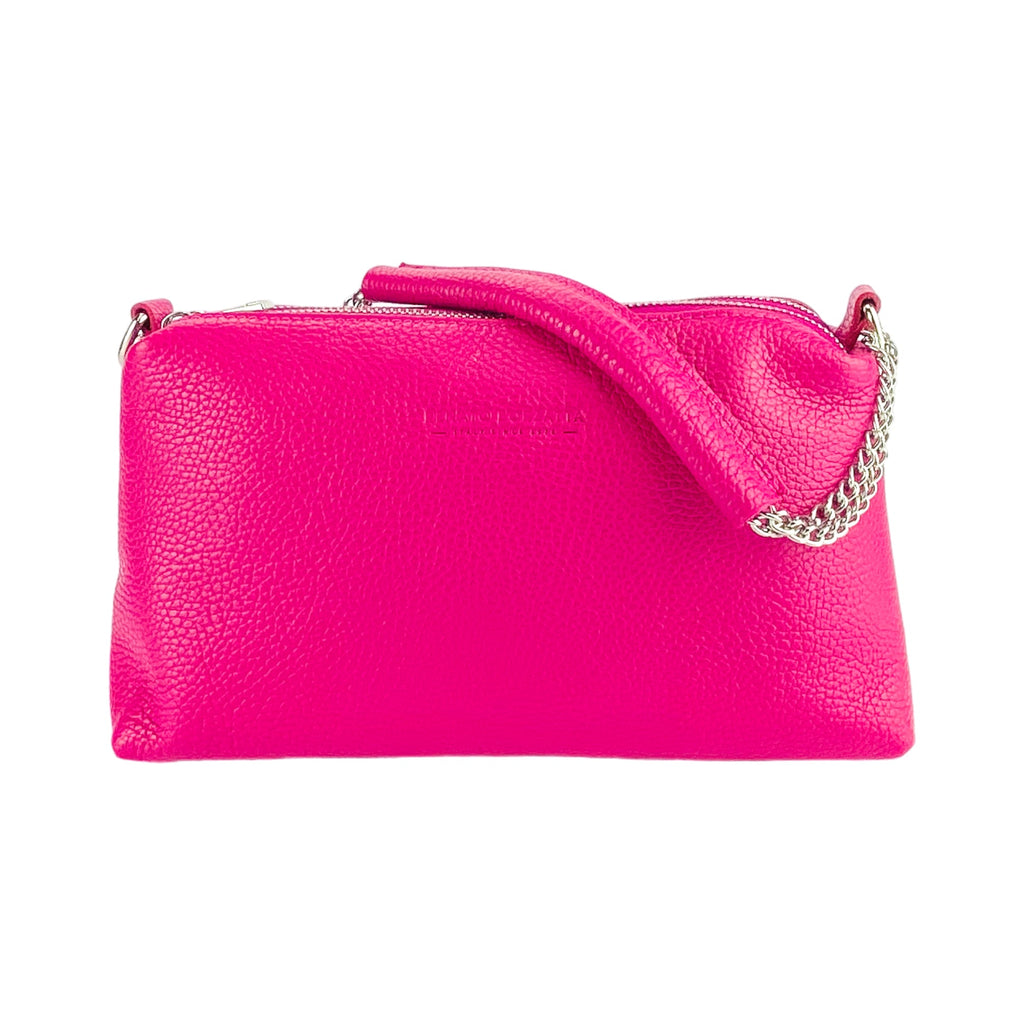 RB1025BE | Women's Hand Bag with double zipper in Genuine Leather Made in Italy. Adjustable leather shoulder strap. Shiny Nickel hardware - Fuxia color - Dimensions: cm 26 x 14 x 9