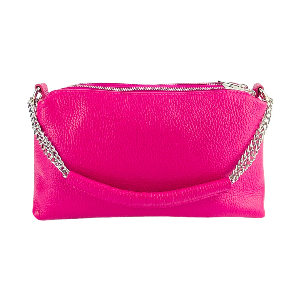 RB1025BE | Women's Hand Bag with double zipper in Genuine Leather Made in Italy. Adjustable leather shoulder strap. Shiny Nickel hardware - Fuxia color - Dimensions: cm 26 x 14 x 9