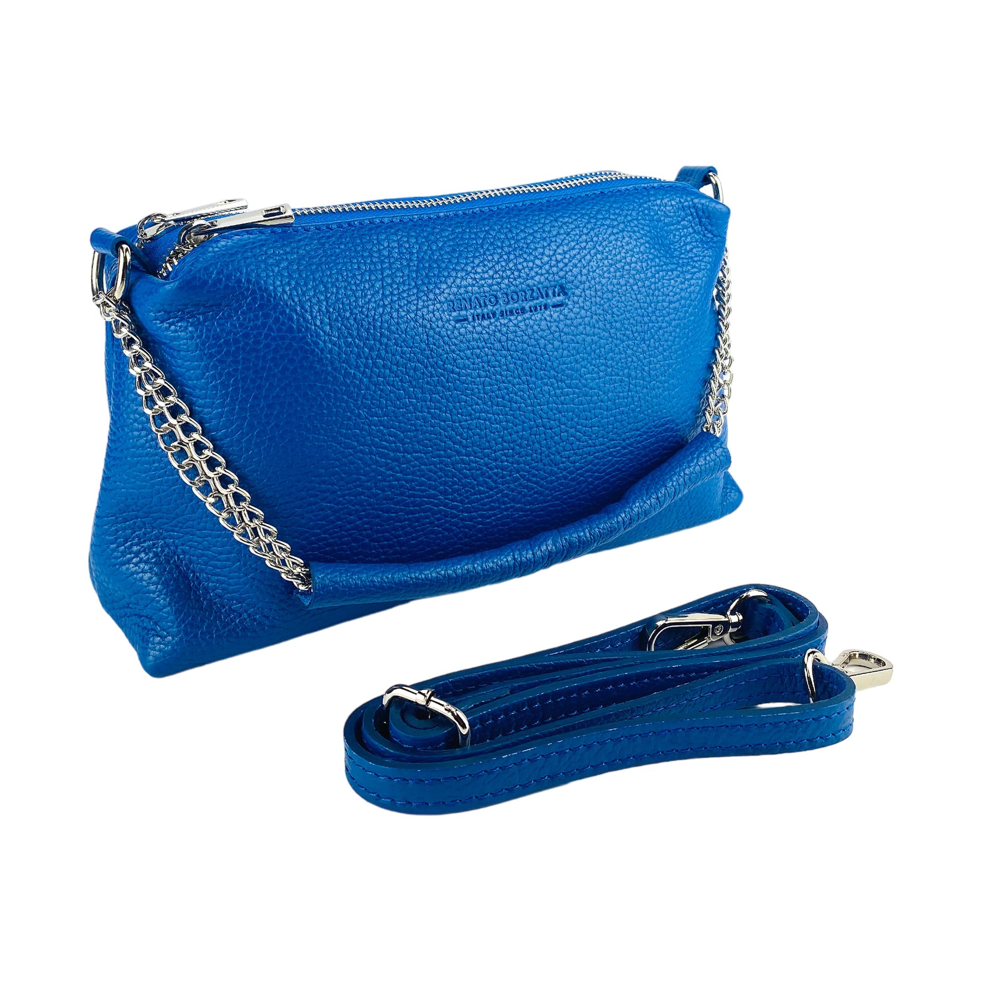 RB1025CH | Women's Hand Bag with double zipper in Genuine Leather Made in Italy. Adjustable leather shoulder strap. Shiny Nickel hardware - Royal Blue color - Dimensions: 26 x 14 x 9 cm.