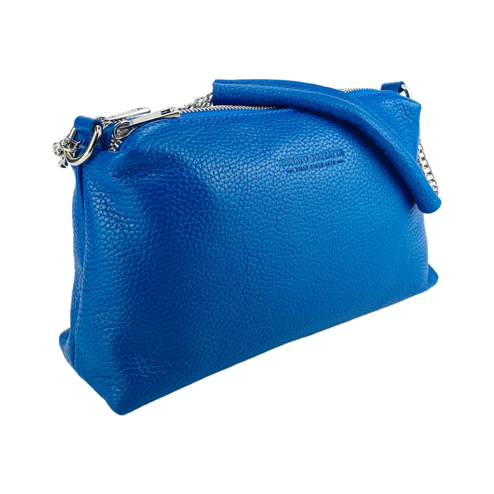 RB1025CH | Women's Hand Bag with double zipper in Genuine Leather Made in Italy. Adjustable leather shoulder strap. Shiny Nickel hardware - Royal Blue color - Dimensions: 26 x 14 x 9 cm.