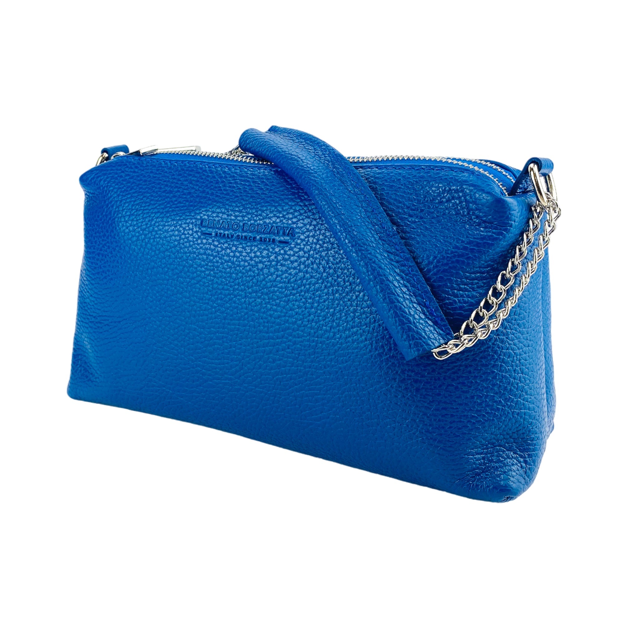 RB1025CH | Women's Hand Bag with double zipper in Genuine Leather Made in Italy. Adjustable leather shoulder strap. Shiny Nickel hardware - Royal Blue color - Dimensions: 26 x 14 x 9 cm.