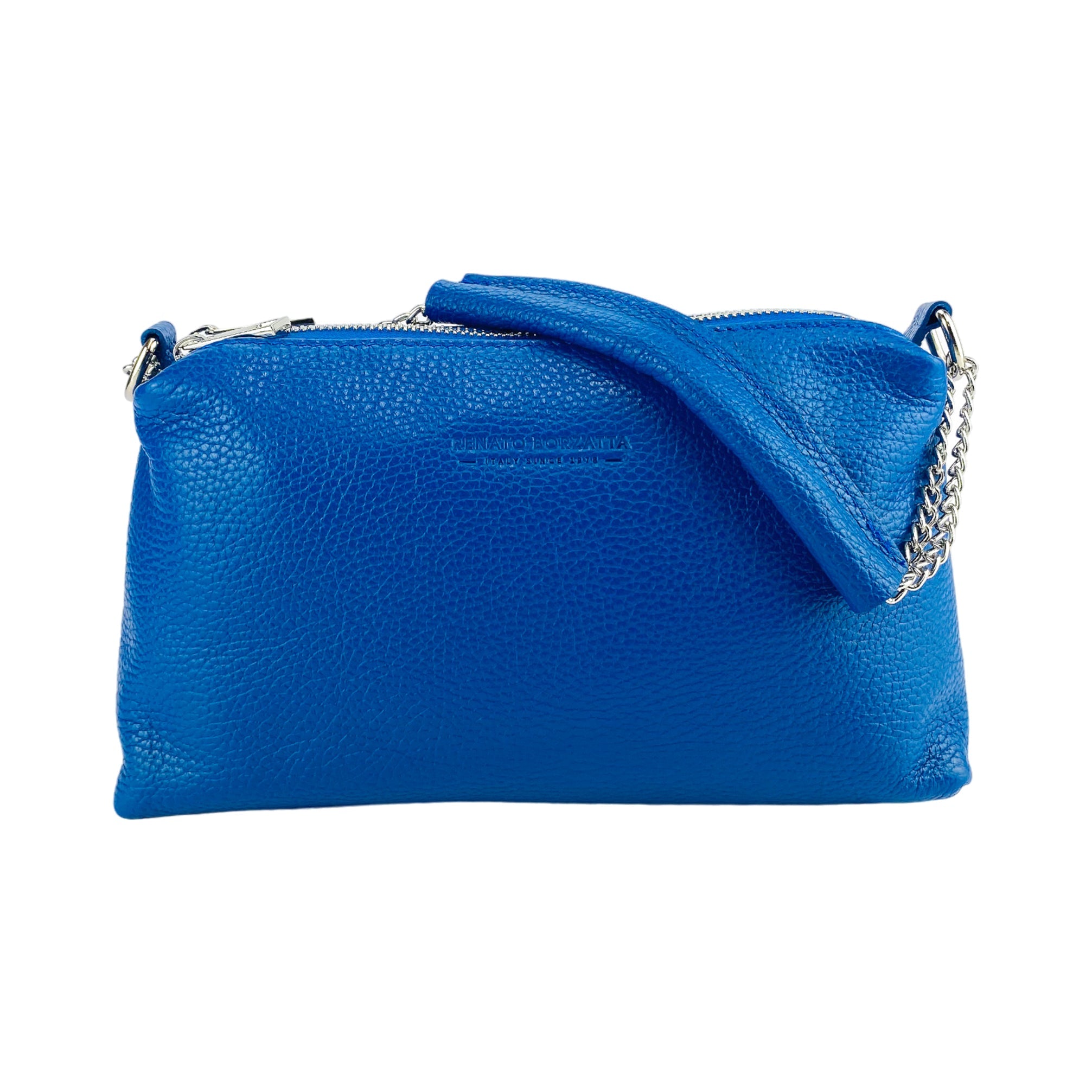 RB1025CH | Women's Hand Bag with double zipper in Genuine Leather Made in Italy. Adjustable leather shoulder strap. Shiny Nickel hardware - Royal Blue color - Dimensions: 26 x 14 x 9 cm.