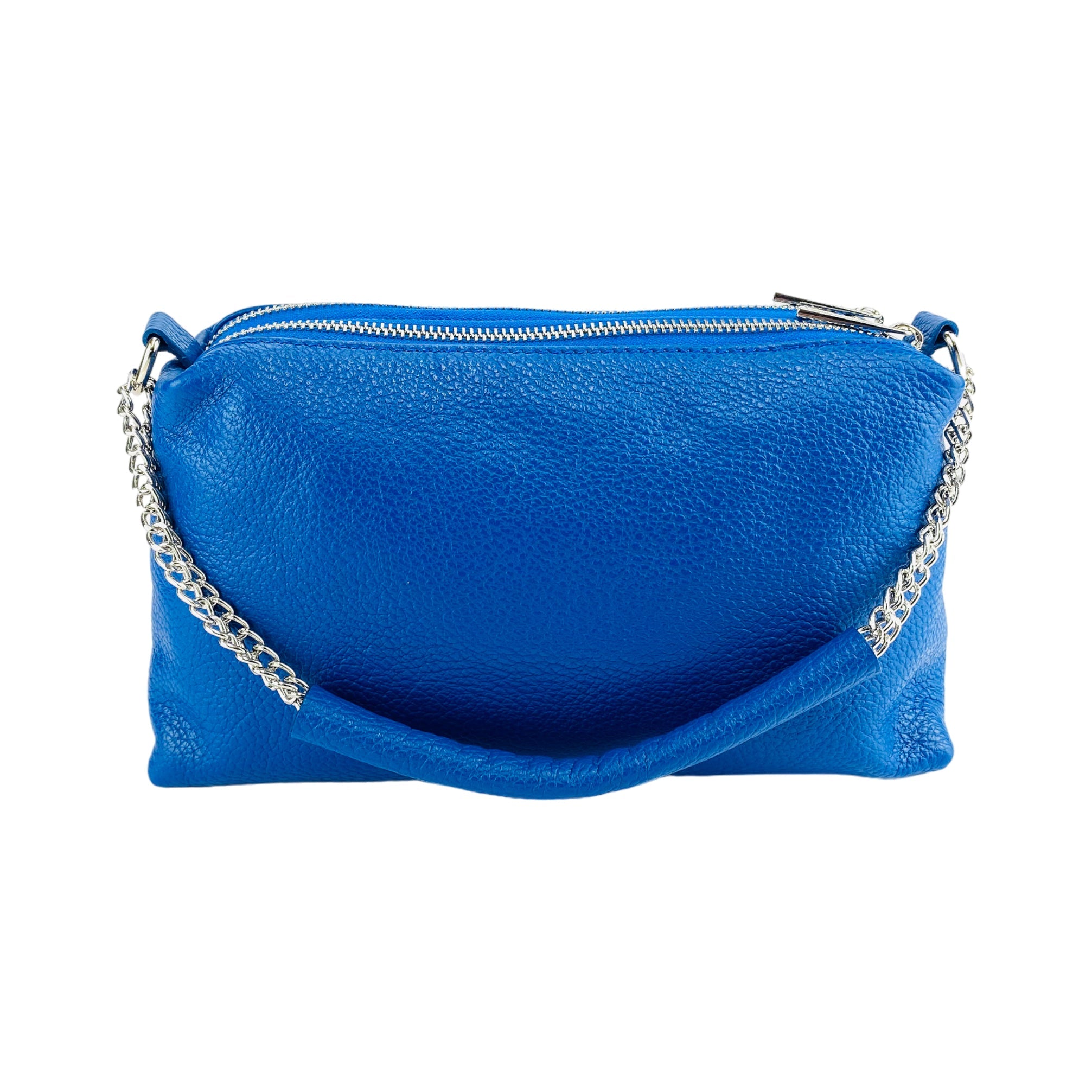 RB1025CH | Women's Hand Bag with double zipper in Genuine Leather Made in Italy. Adjustable leather shoulder strap. Shiny Nickel hardware - Royal Blue color - Dimensions: 26 x 14 x 9 cm.