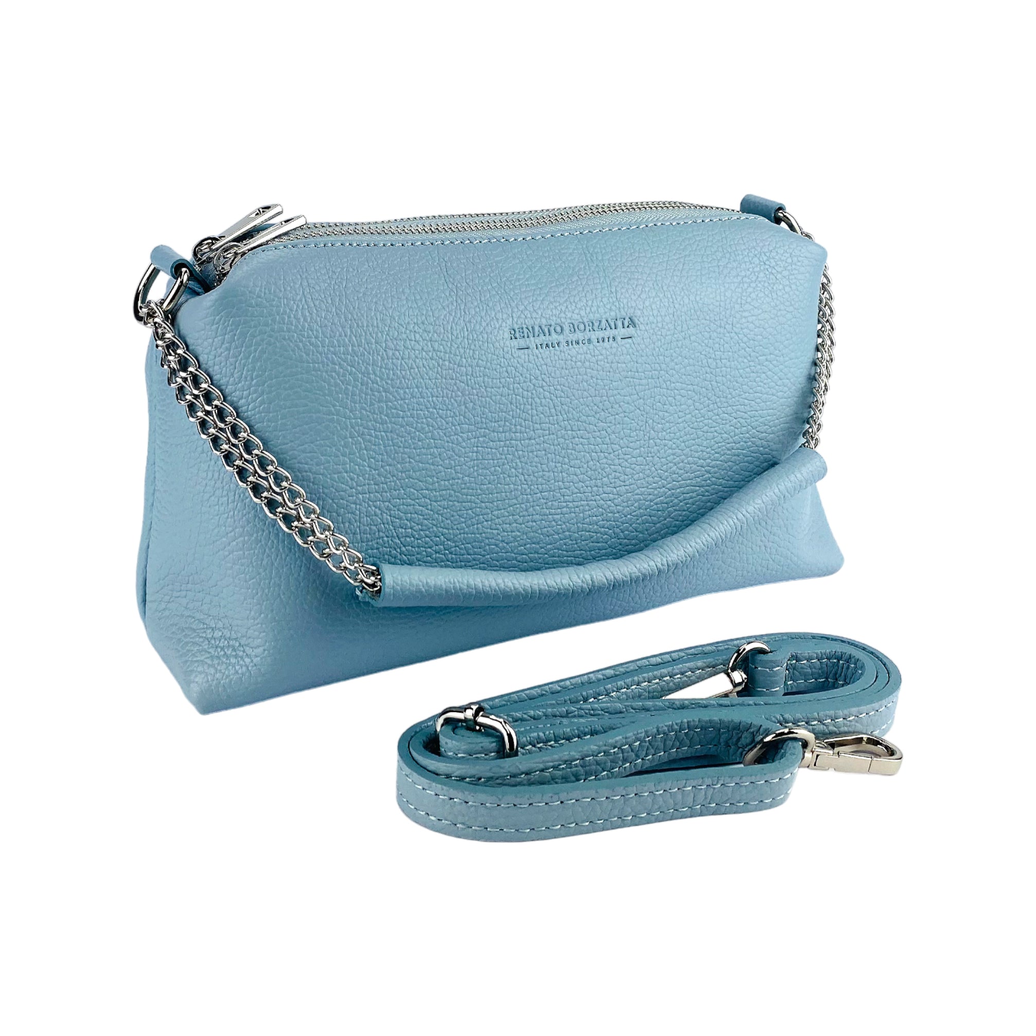 RB1025CL | Women's Hand Bag with double zipper in Genuine Leather Made in Italy. Adjustable leather shoulder strap. Shiny Nickel hardware - Light blue color - Dimensions: 26 x 14 x 9 cm.