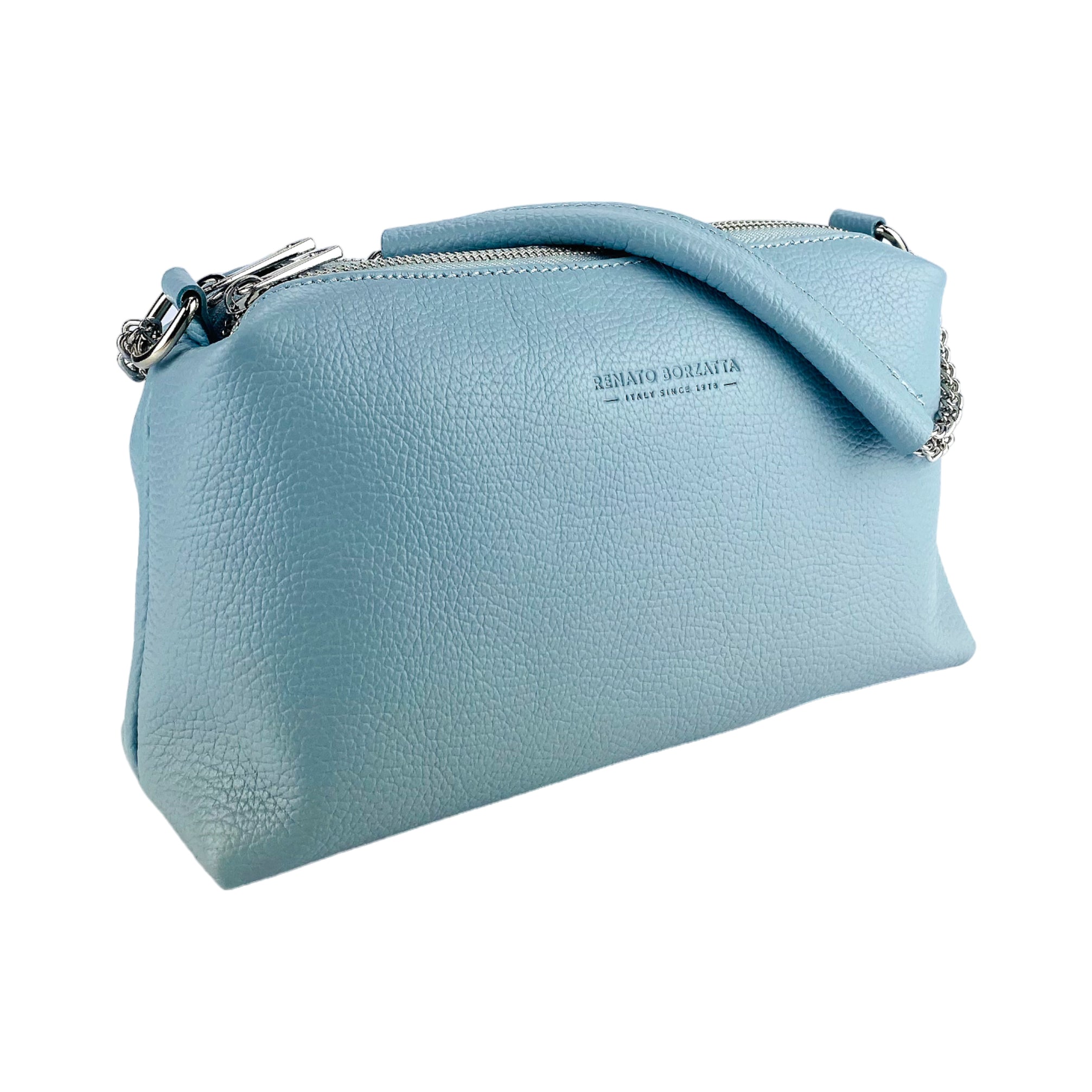 RB1025CL | Women's Hand Bag with double zipper in Genuine Leather Made in Italy. Adjustable leather shoulder strap. Shiny Nickel hardware - Light blue color - Dimensions: 26 x 14 x 9 cm.