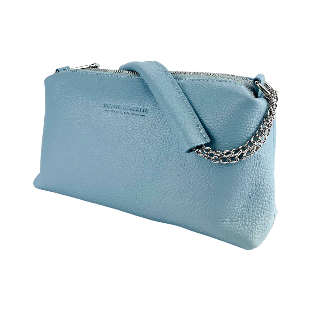 RB1025CL | Women's Hand Bag with double zipper in Genuine Leather Made in Italy. Adjustable leather shoulder strap. Shiny Nickel hardware - Light blue color - Dimensions: 26 x 14 x 9 cm.