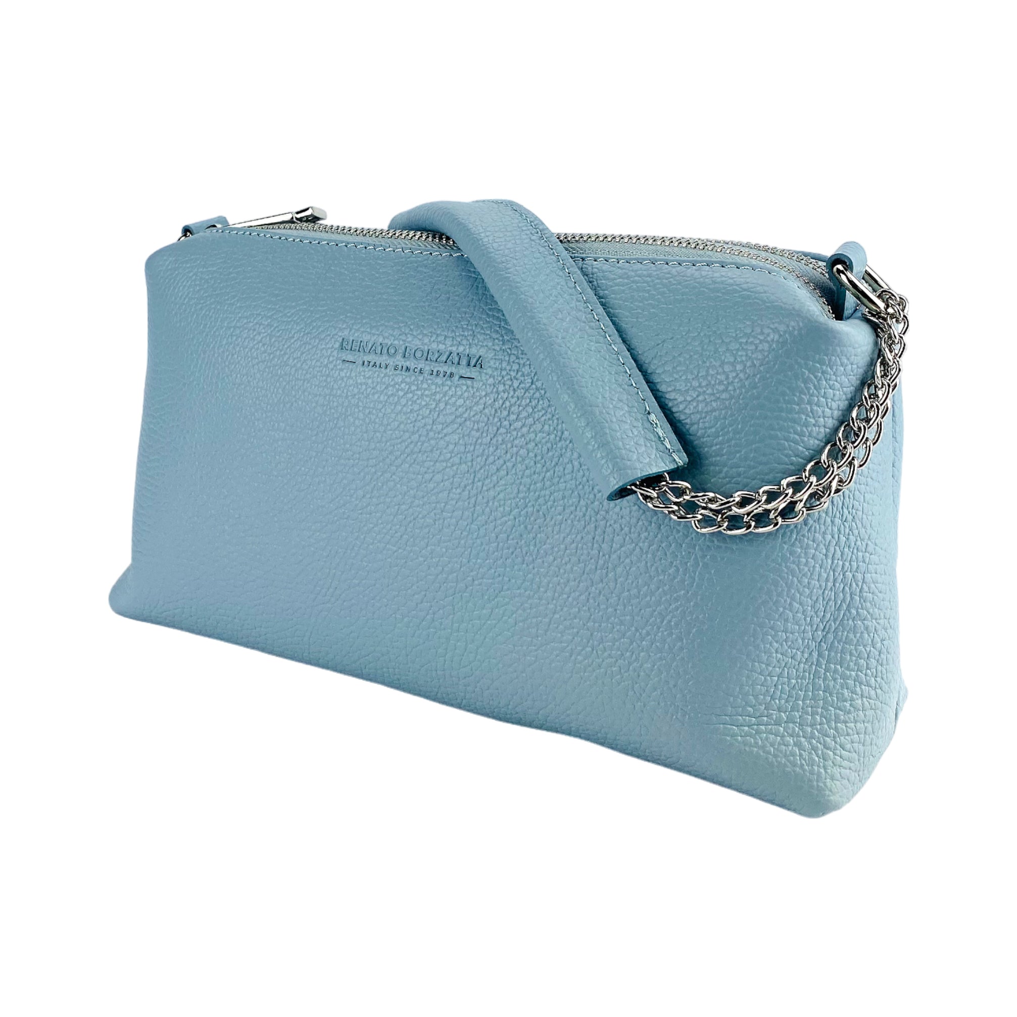 RB1025CL | Women's Hand Bag with double zipper in Genuine Leather Made in Italy. Adjustable leather shoulder strap. Shiny Nickel hardware - Light blue color - Dimensions: 26 x 14 x 9 cm.