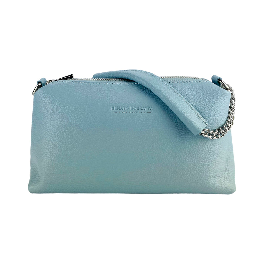 RB1025CL | Women's Hand Bag with double zipper in Genuine Leather Made in Italy. Adjustable leather shoulder strap. Shiny Nickel hardware - Light blue color - Dimensions: 26 x 14 x 9 cm.