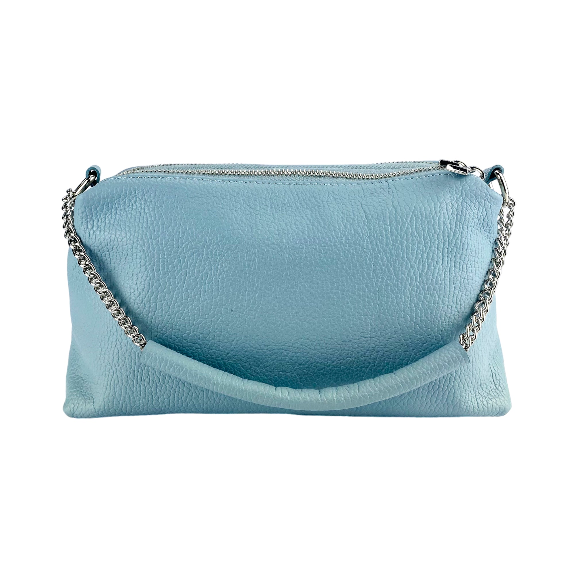 RB1025CL | Women's Hand Bag with double zipper in Genuine Leather Made in Italy. Adjustable leather shoulder strap. Shiny Nickel hardware - Light blue color - Dimensions: 26 x 14 x 9 cm.