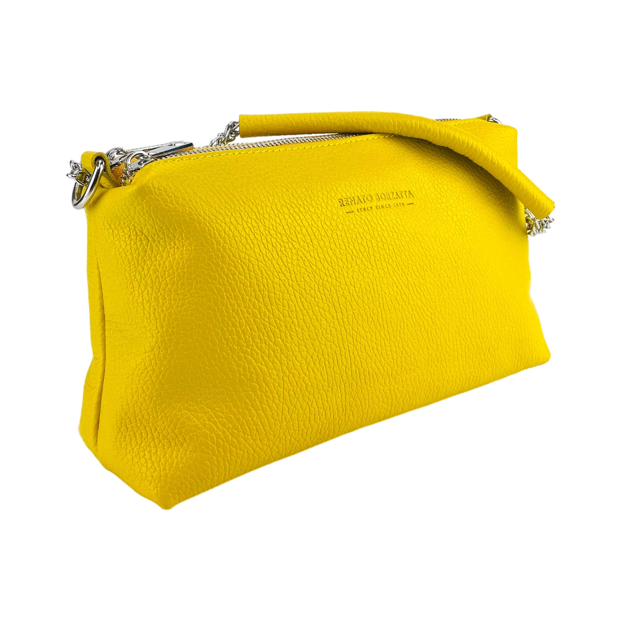 RB1025R | Women's Hand Bag with double zipper in Genuine Leather Made in Italy. Adjustable leather shoulder strap. Polished Nickel hardware - Yellow color - Dimensions: 26 x 14 x 9 cm.