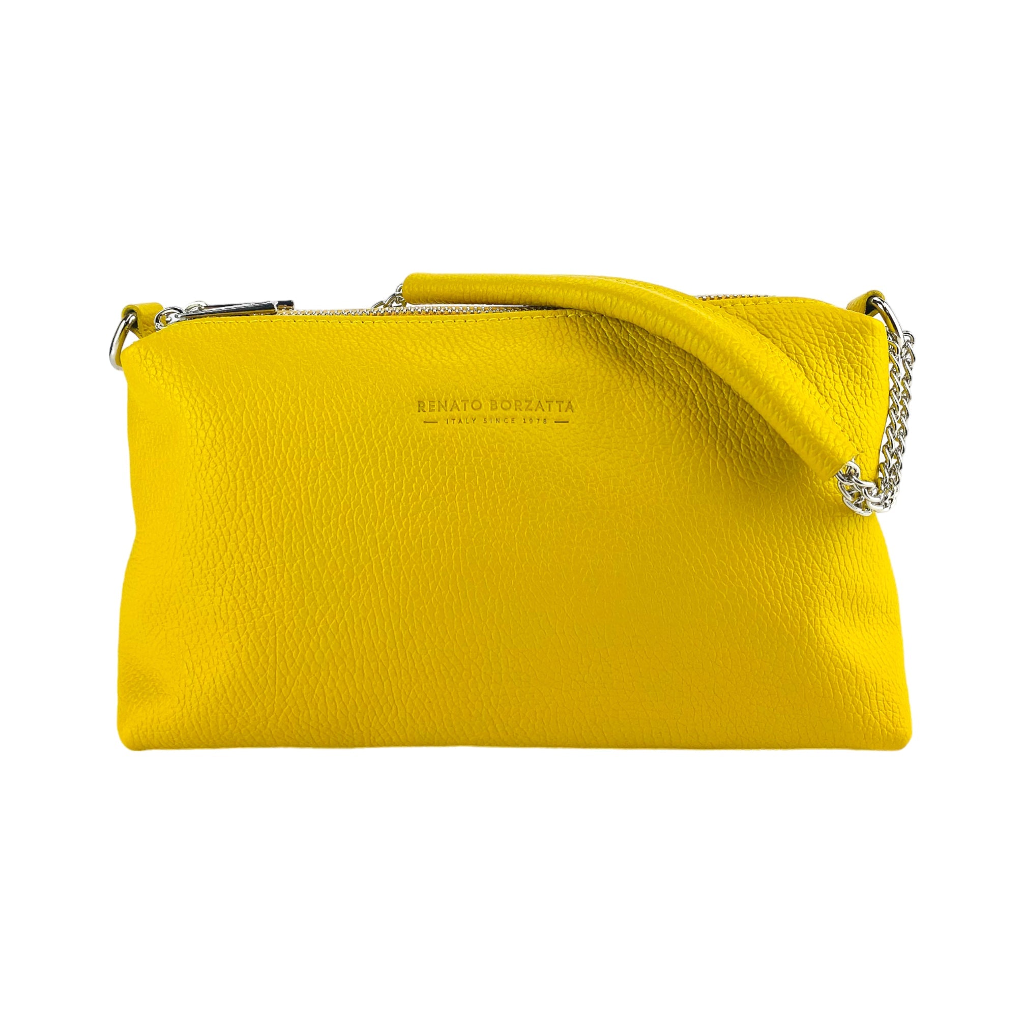 RB1025R | Women's Hand Bag with double zipper in Genuine Leather Made in Italy. Adjustable leather shoulder strap. Polished Nickel hardware - Yellow color - Dimensions: 26 x 14 x 9 cm.