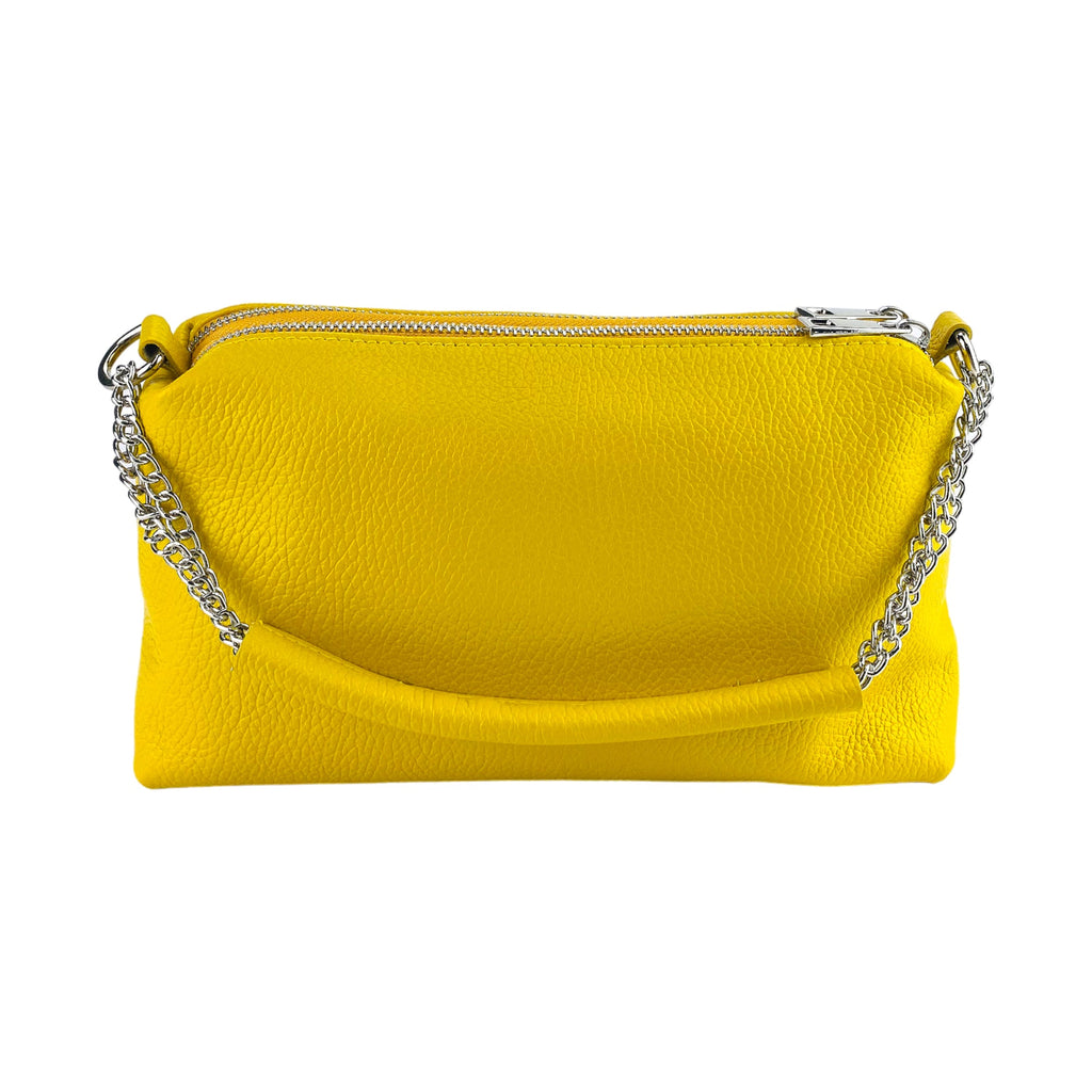 RB1025R | Women's Hand Bag with double zipper in Genuine Leather Made in Italy. Adjustable leather shoulder strap. Polished Nickel hardware - Yellow color - Dimensions: 26 x 14 x 9 cm.