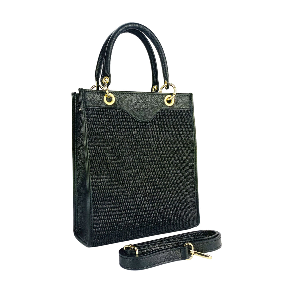RB1026A | Women's upright hand bag in Genuine Leather and Straw Made in Italy. Removable and adjustable leather shoulder strap. Shiny Gold accessories - Black color - Dimensions: cm 24 x 29 x 9