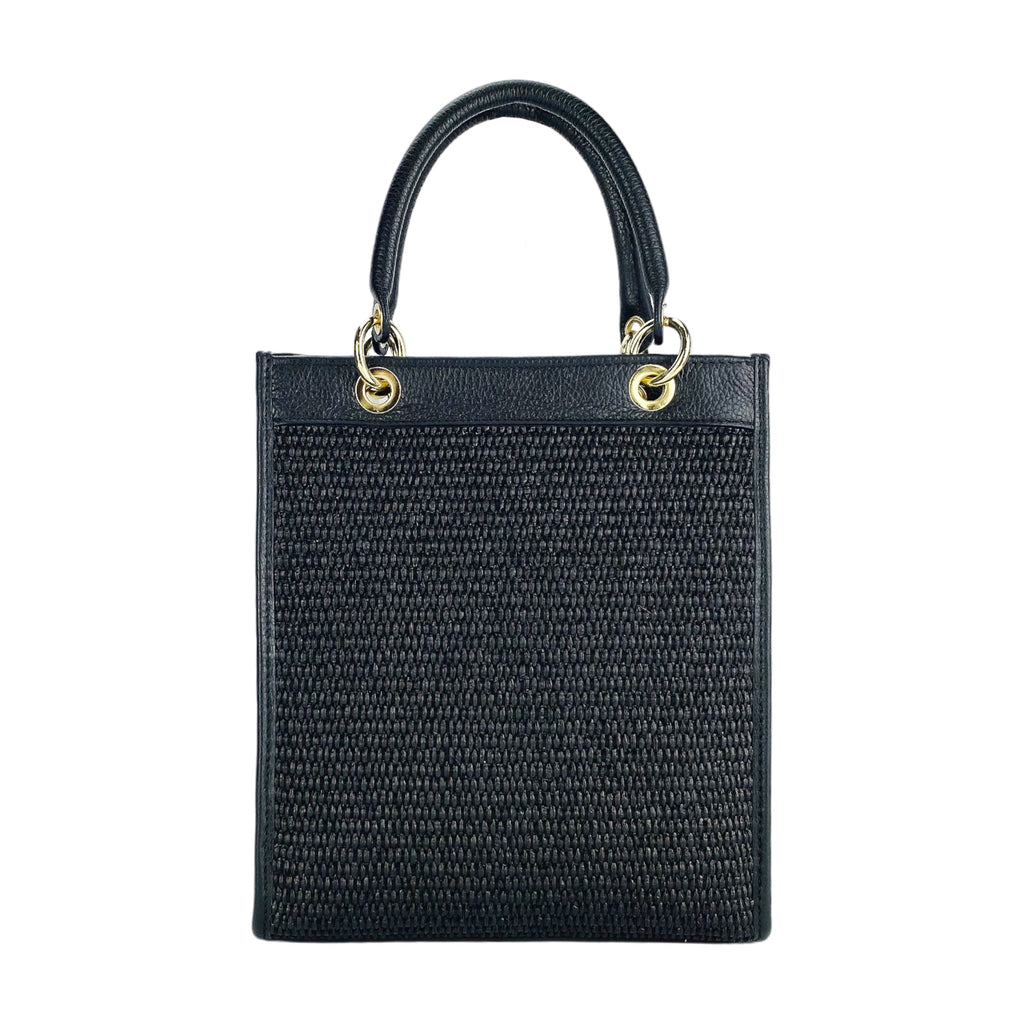RB1026A | Women's upright hand bag in Genuine Leather and Straw Made in Italy. Removable and adjustable leather shoulder strap. Shiny Gold accessories - Black color - Dimensions: cm 24 x 29 x 9