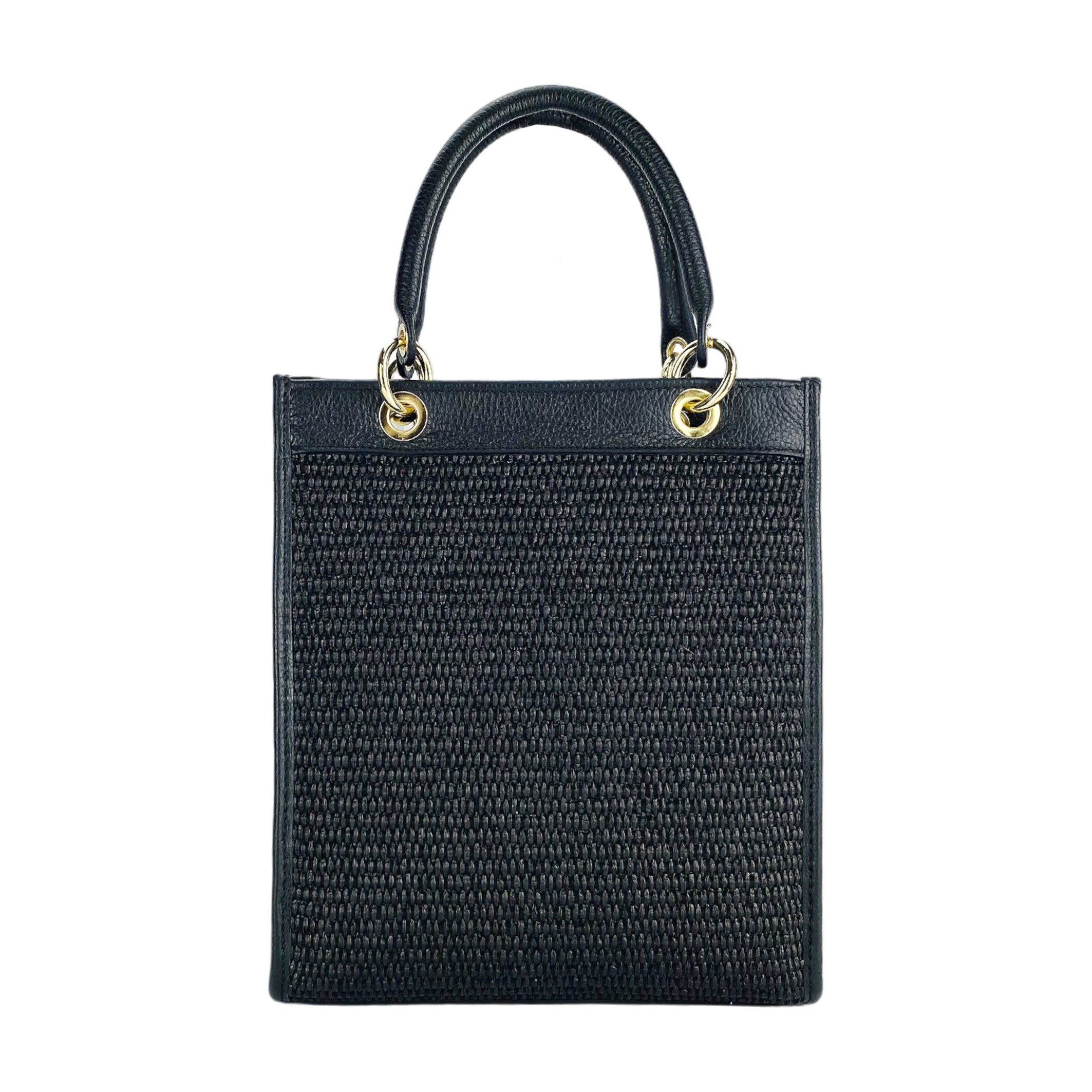 RB1026A | Women's upright hand bag in Genuine Leather and Straw Made in Italy. Removable and adjustable leather shoulder strap. Shiny Gold accessories - Black color - Dimensions: cm 24 x 29 x 9