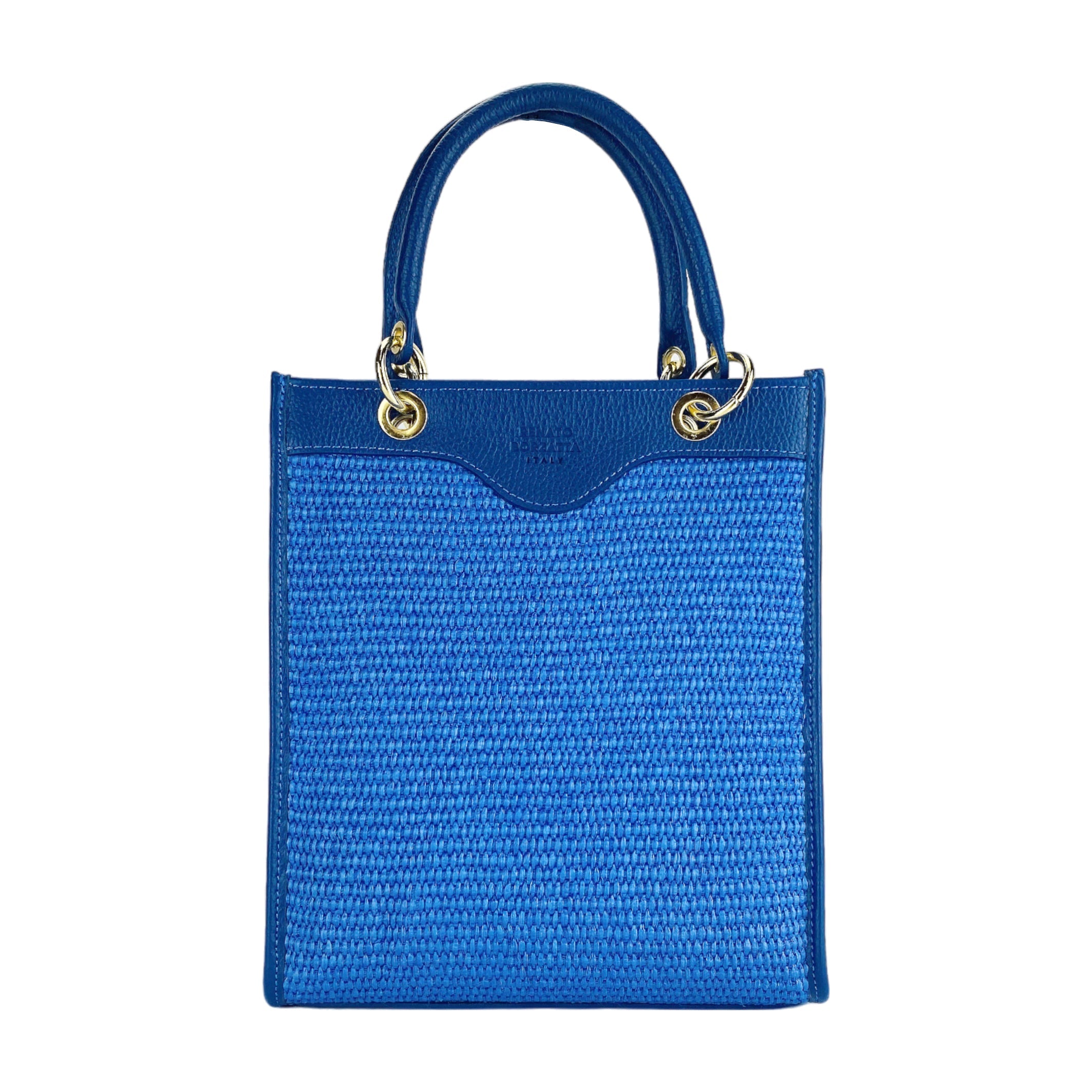 RB1026CH | Women's upright hand bag in Genuine Leather and Straw Made in Italy. Removable and adjustable leather shoulder strap. Shiny Gold hardware - Royal Blue color - Dimensions: 24 x 29 x 9 cm.