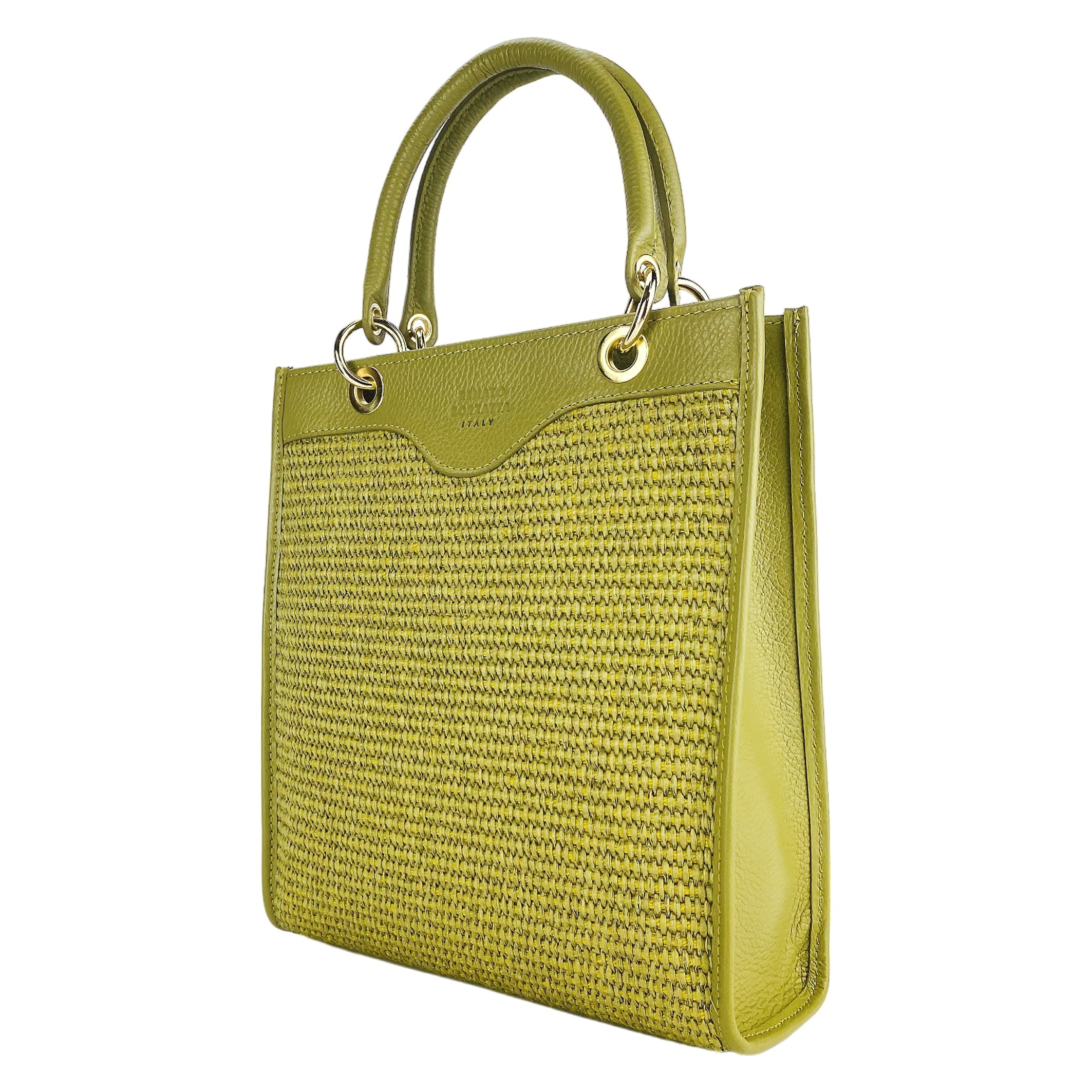 RB1026CM | Women's upright hand bag in Genuine Leather and Straw Made in Italy. Removable and adjustable leather shoulder strap. Shiny Gold accessories - Pistachio color - Dimensions: cm 24 x 29 x 9