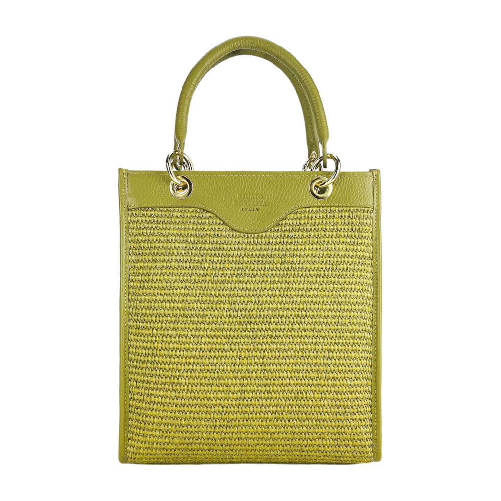 RB1026CM | Women's upright hand bag in Genuine Leather and Straw Made in Italy. Removable and adjustable leather shoulder strap. Shiny Gold accessories - Pistachio color - Dimensions: cm 24 x 29 x 9