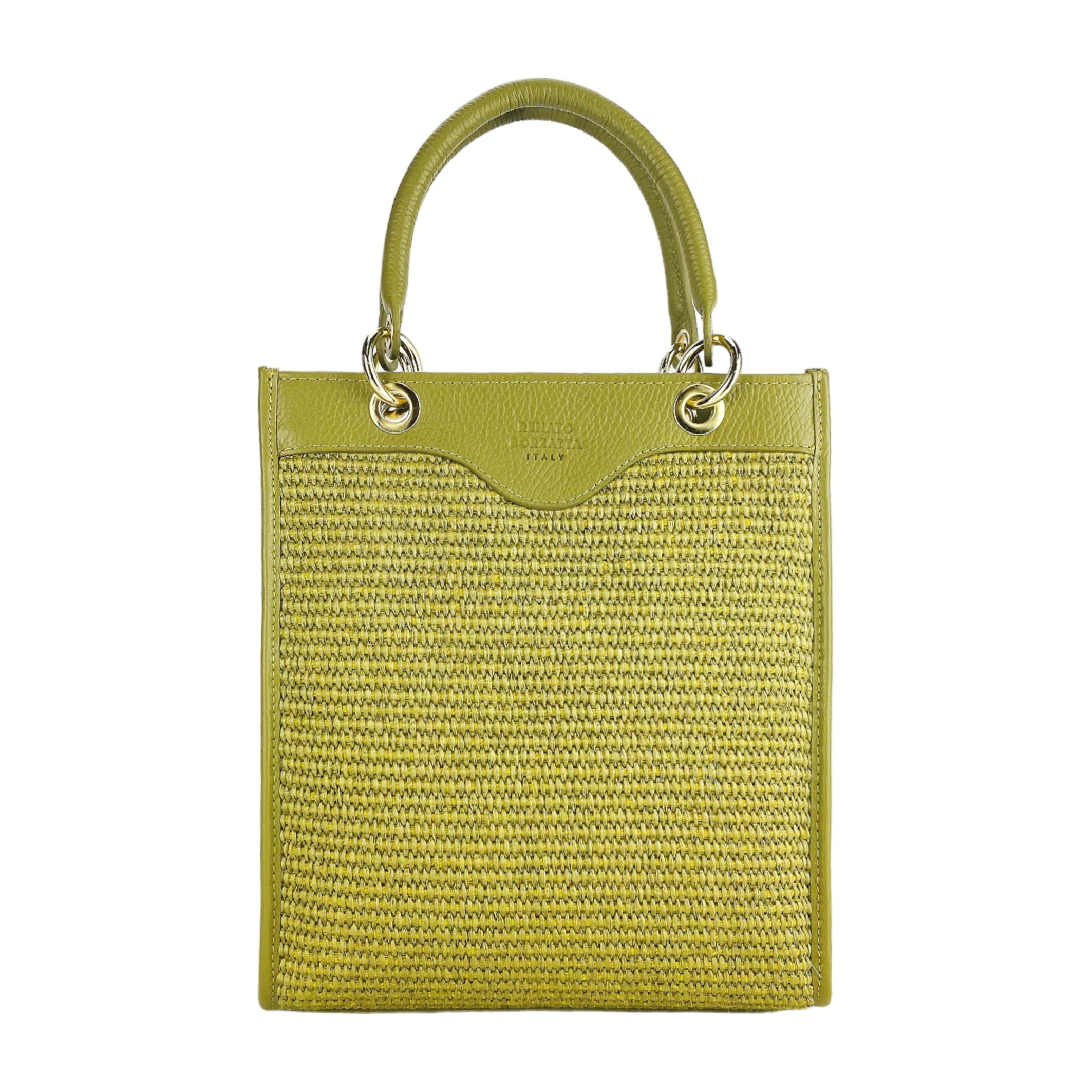 RB1026CM | Women's upright hand bag in Genuine Leather and Straw Made in Italy. Removable and adjustable leather shoulder strap. Shiny Gold accessories - Pistachio color - Dimensions: cm 24 x 29 x 9