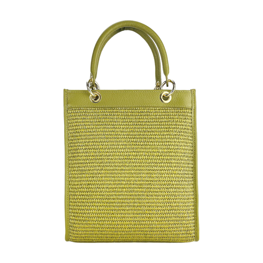RB1026CM | Women's upright hand bag in Genuine Leather and Straw Made in Italy. Removable and adjustable leather shoulder strap. Shiny Gold accessories - Pistachio color - Dimensions: cm 24 x 29 x 9