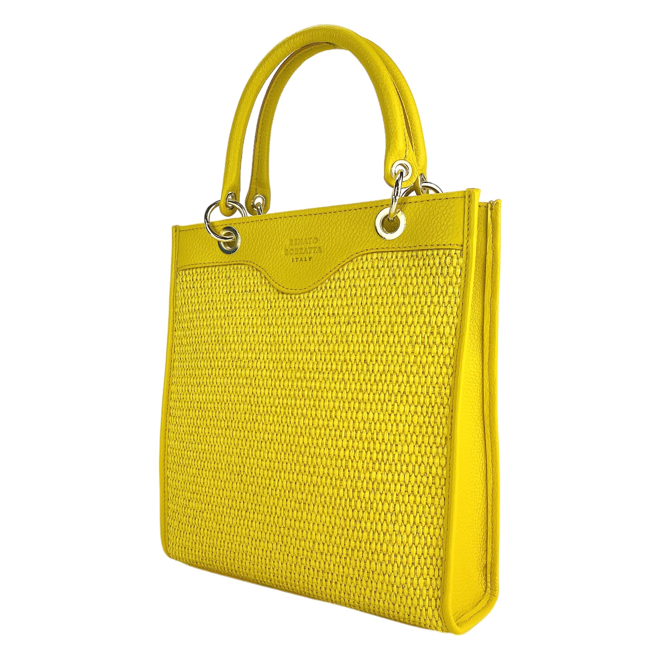 RB1026R | Women's upright hand bag in Genuine Leather and Straw Made in Italy. Removable and adjustable leather shoulder strap. Shiny Gold accessories - Yellow color - Dimensions: cm 24 x 29 x 9