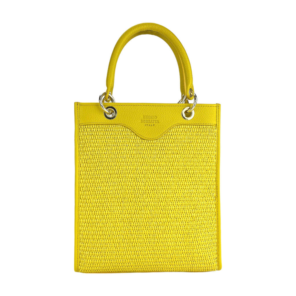 RB1026R | Women's upright hand bag in Genuine Leather and Straw Made in Italy. Removable and adjustable leather shoulder strap. Shiny Gold accessories - Yellow color - Dimensions: cm 24 x 29 x 9