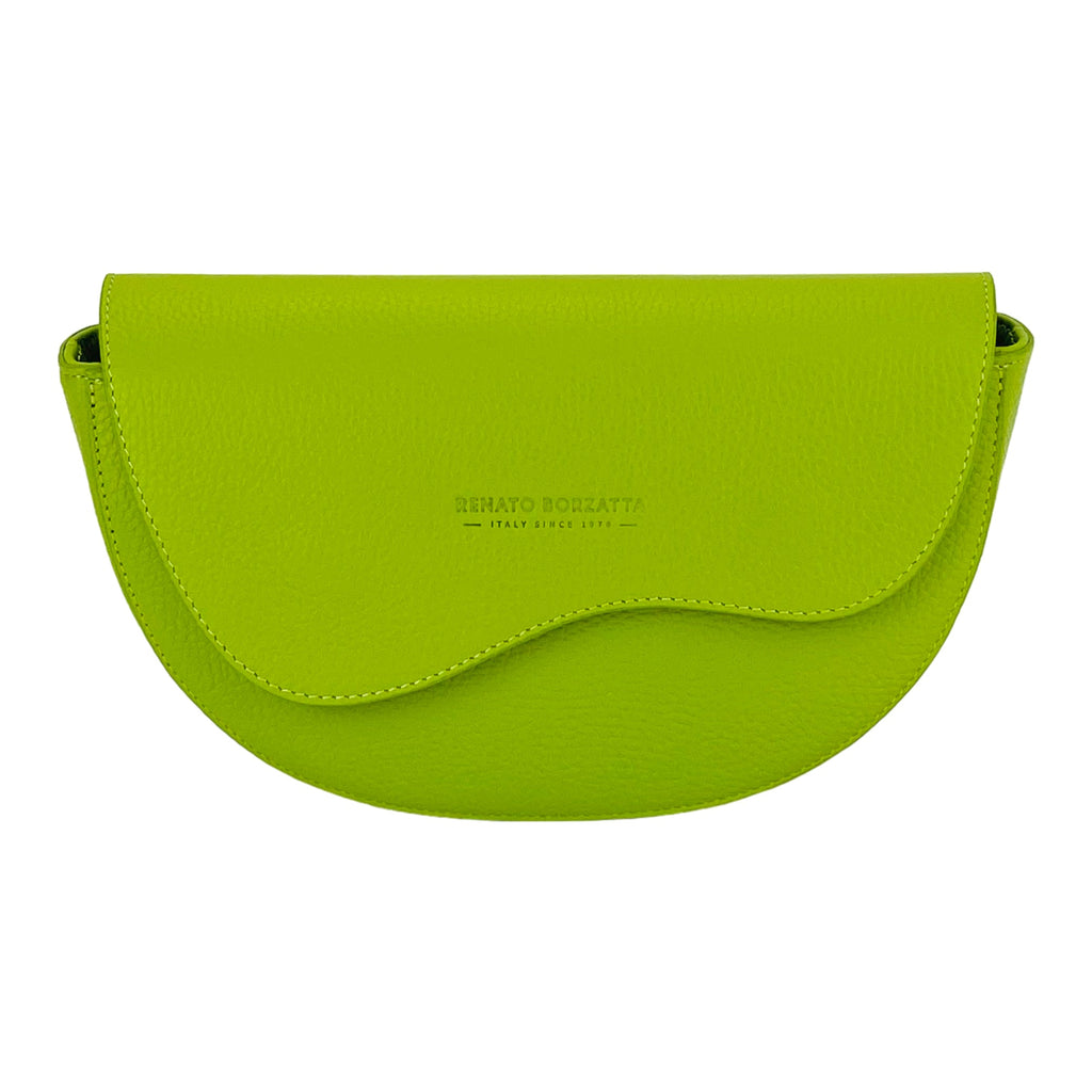 RB1027AD | Women's Rounded Bandolier Bag in Genuine Leather Made in Italy. Removable and adjustable leather shoulder strap. Polished Nickel hardware - Lime color - Dimensions: 25 x 15 x 9 cm.