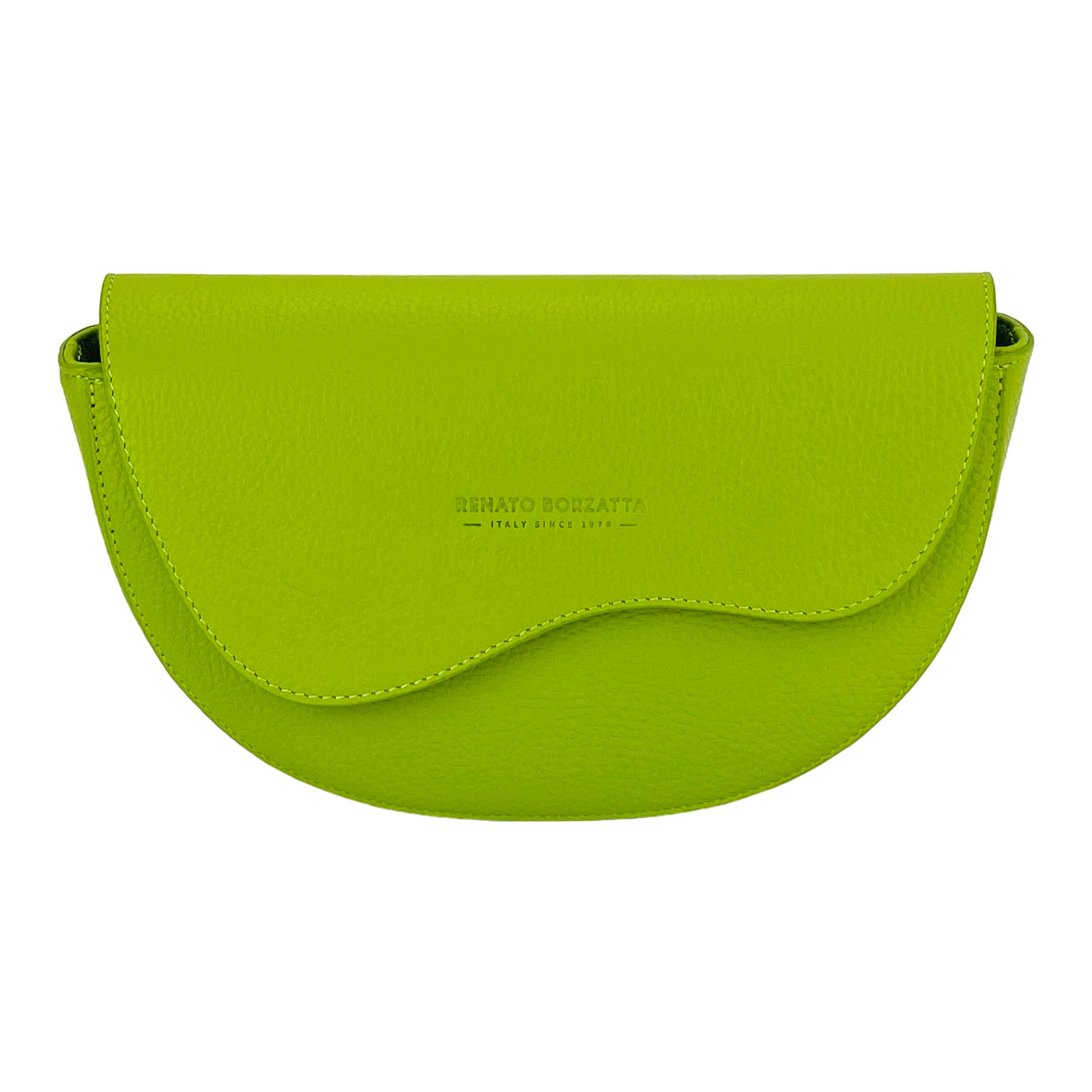 RB1027AD | Women's Rounded Bandolier Bag in Genuine Leather Made in Italy. Removable and adjustable leather shoulder strap. Polished Nickel hardware - Lime color - Dimensions: 25 x 15 x 9 cm.