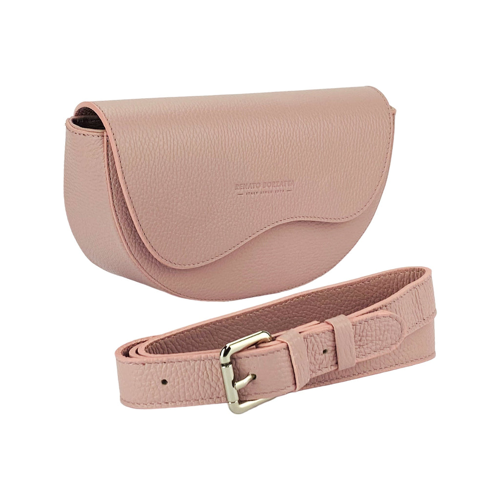 RB1027AZ | Women's Rounded Bandolier Bag in Genuine Leather Made in Italy. Removable and adjustable leather shoulder strap. Polished Nickel hardware - Antique Pink color - Dimensions: 25 x 15 x 9 cm.