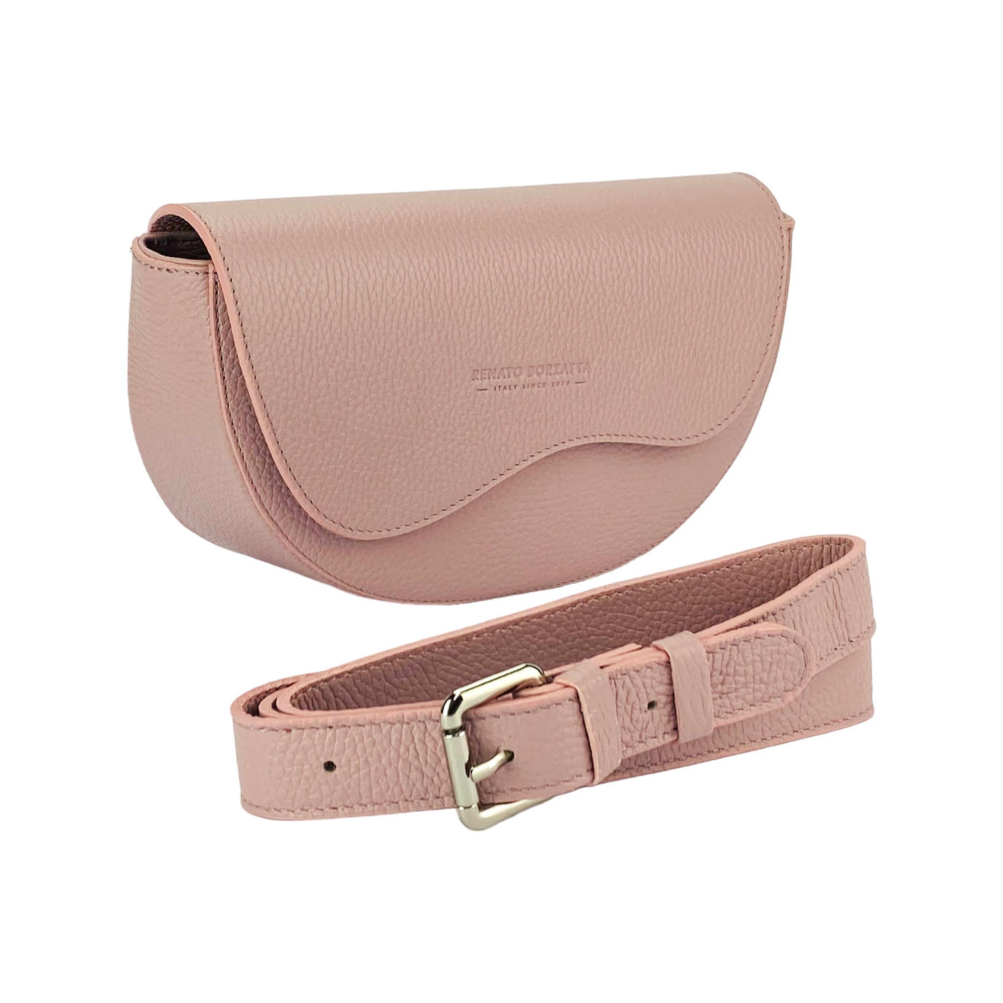 RB1027AZ | Women's Rounded Bandolier Bag in Genuine Leather Made in Italy. Removable and adjustable leather shoulder strap. Polished Nickel hardware - Antique Pink color - Dimensions: 25 x 15 x 9 cm.