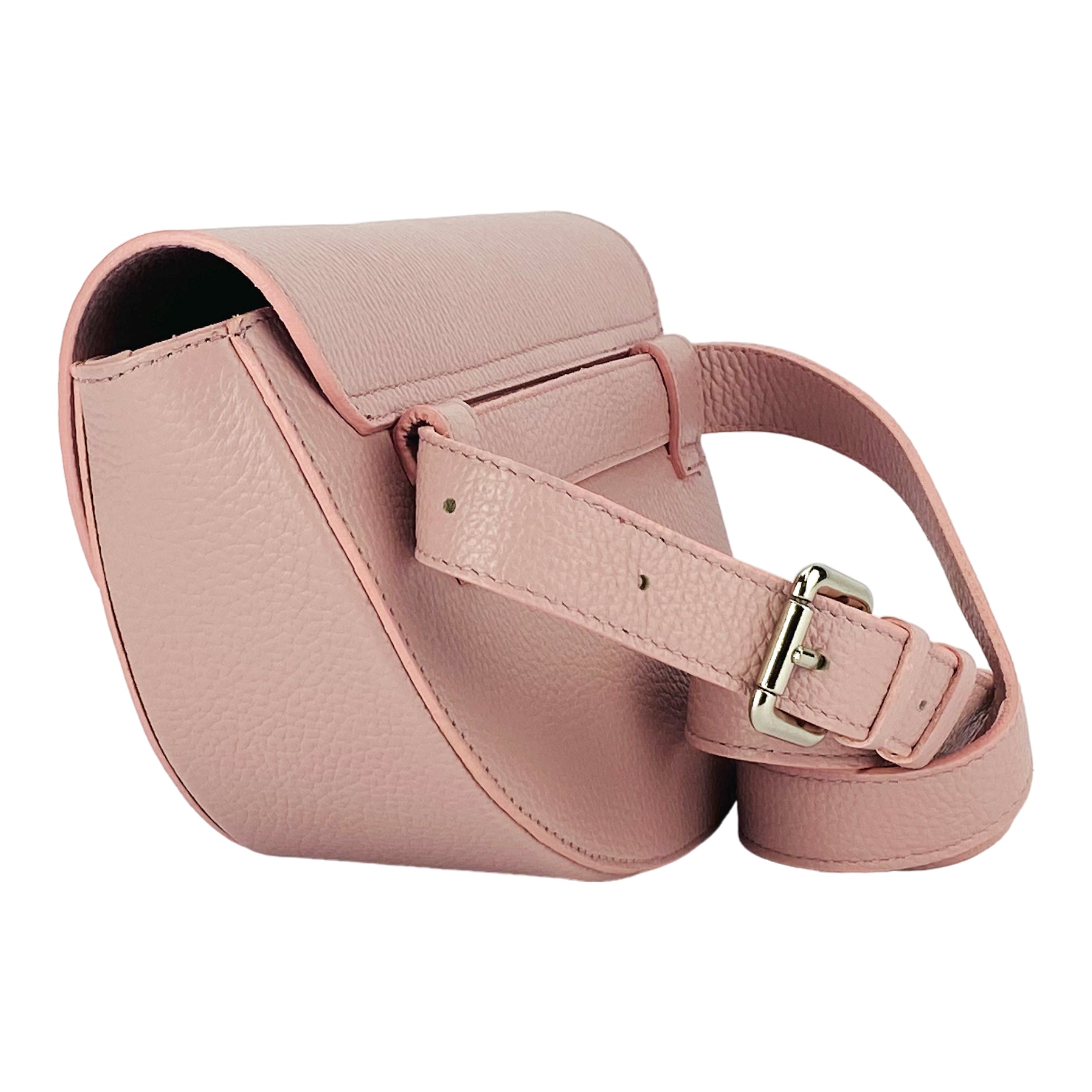 RB1027AZ | Women's Rounded Bandolier Bag in Genuine Leather Made in Italy. Removable and adjustable leather shoulder strap. Polished Nickel hardware - Antique Pink color - Dimensions: 25 x 15 x 9 cm.