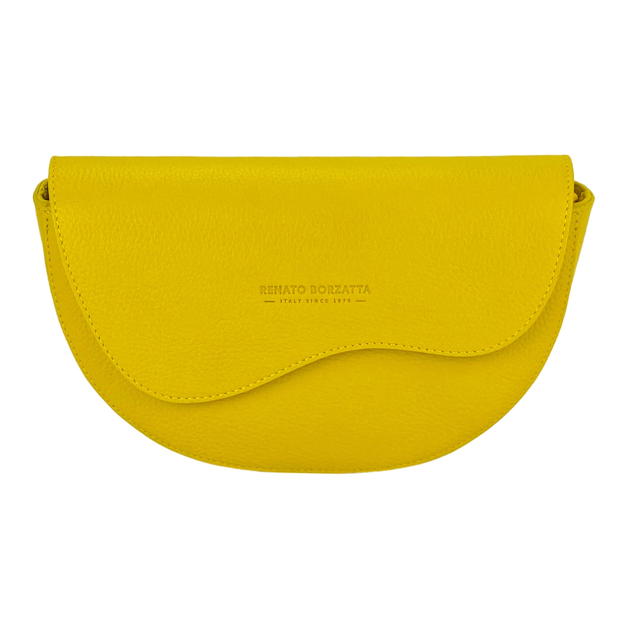 RB1027R | Women's Rounded Bandolier Bag in Genuine Leather Made in Italy. Removable and adjustable leather shoulder strap. Polished Nickel hardware - Yellow color - Dimensions: 25 x 15 x 9 cm.