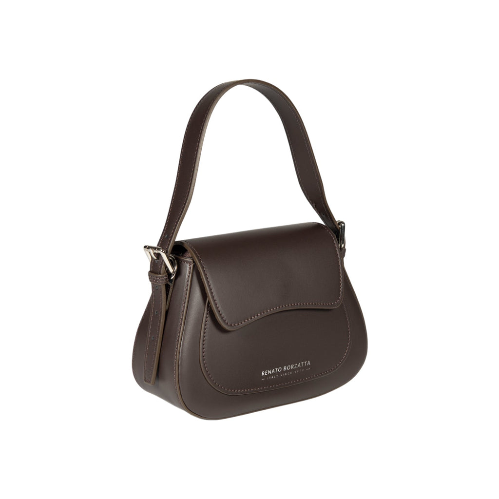 RB1030B | EMMA Women's Shoulder Bag with flap in Genuine Leather Made in Italy. Polished Silver metal hardware - Dark Head color - Dimensions: 24 x 18 x 9 cm + 14.5 (Handle light)