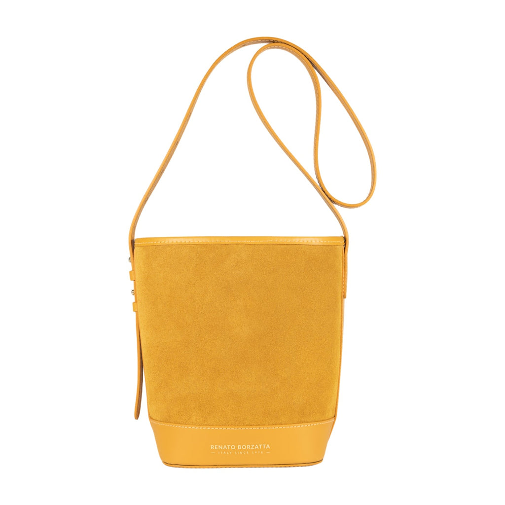 RB1031AR | BRENDA Genuine Leather Women's Bucket Bag Made in Italy. Shiny Gold metal hardware - Mustard color - Dimensions: cm 25 x 23.5 x 17