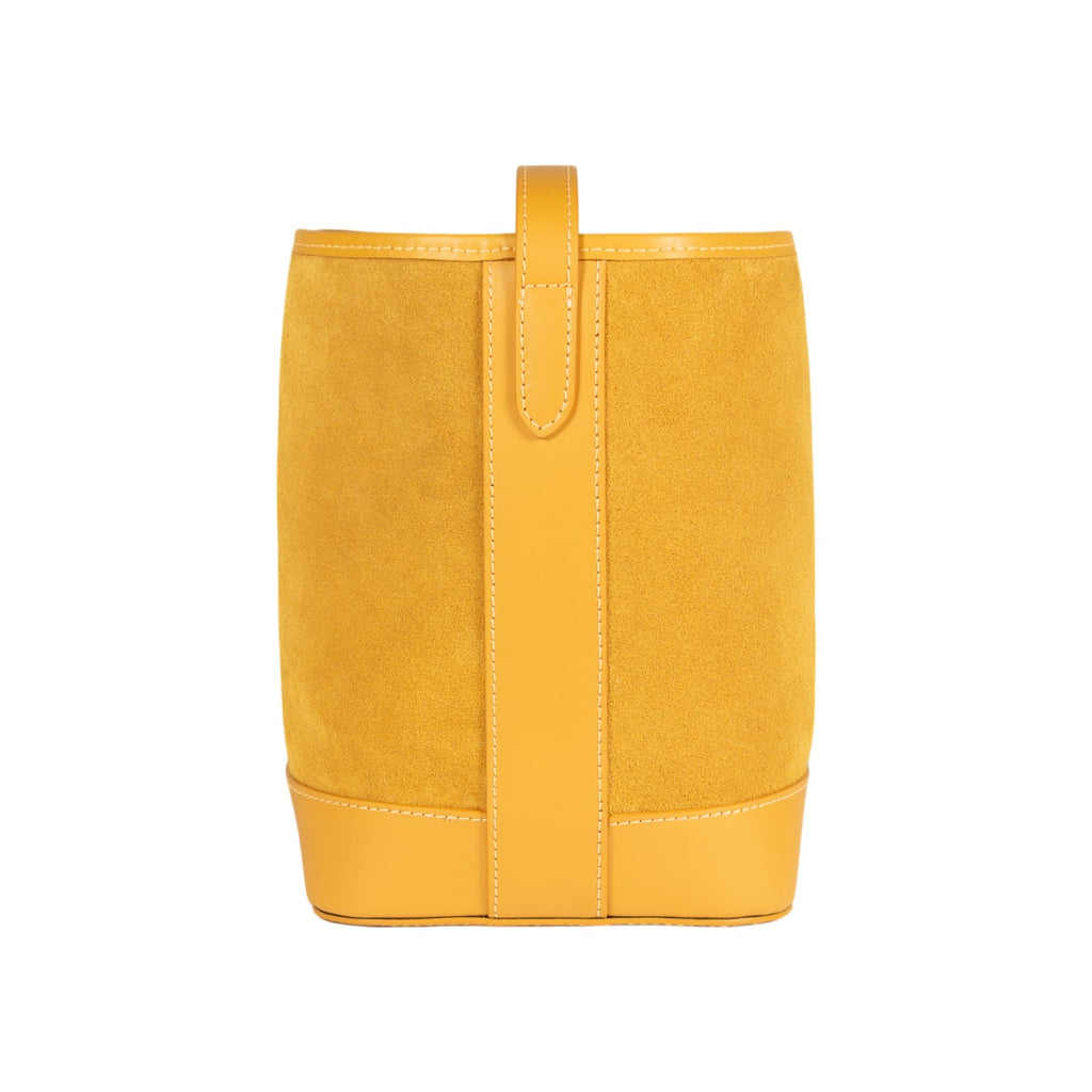 RB1031AR | BRENDA Genuine Leather Women's Bucket Bag Made in Italy. Shiny Gold metal hardware - Mustard color - Dimensions: cm 25 x 23.5 x 17