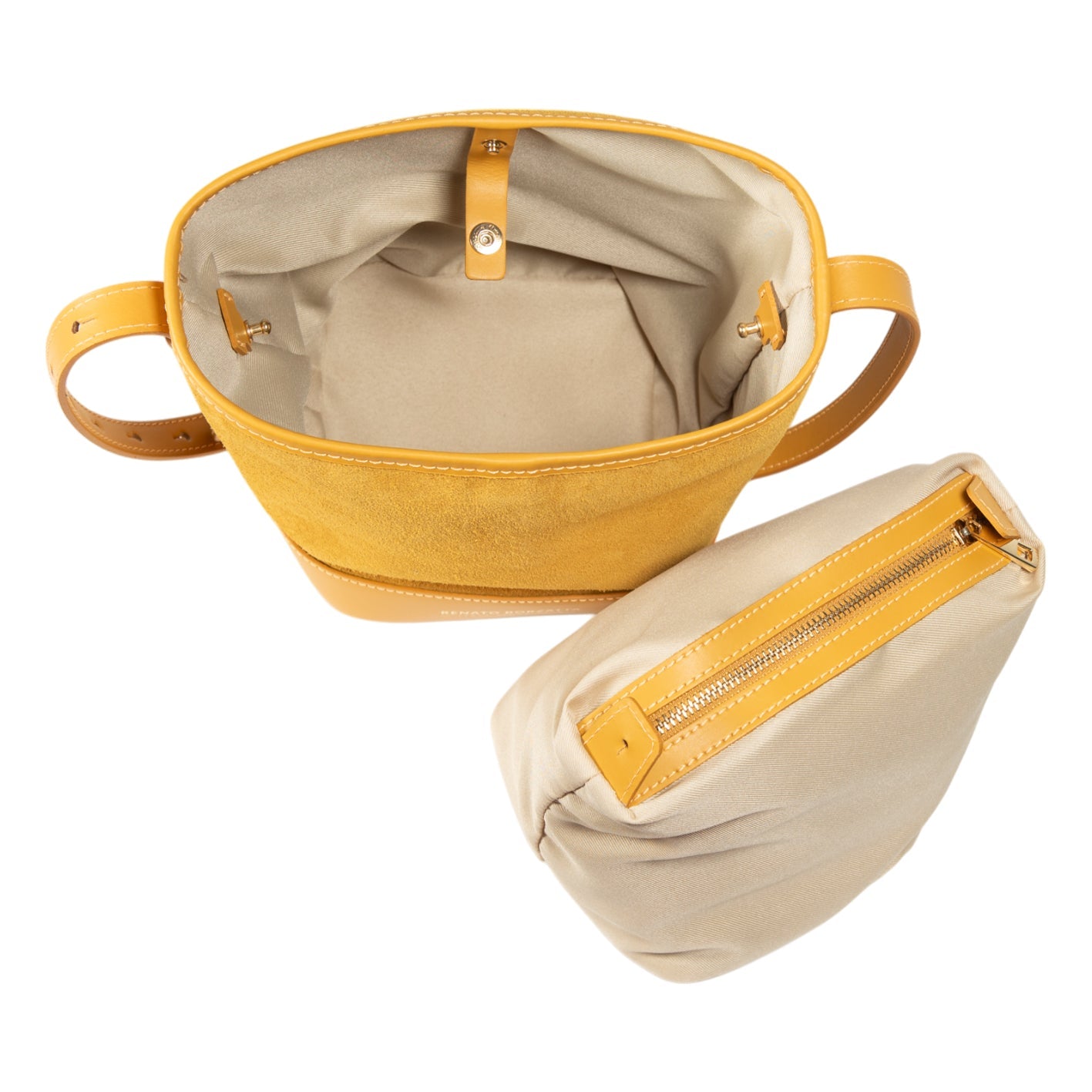 RB1031AR | BRENDA Genuine Leather Women's Bucket Bag Made in Italy. Shiny Gold metal hardware - Mustard color - Dimensions: cm 25 x 23.5 x 17