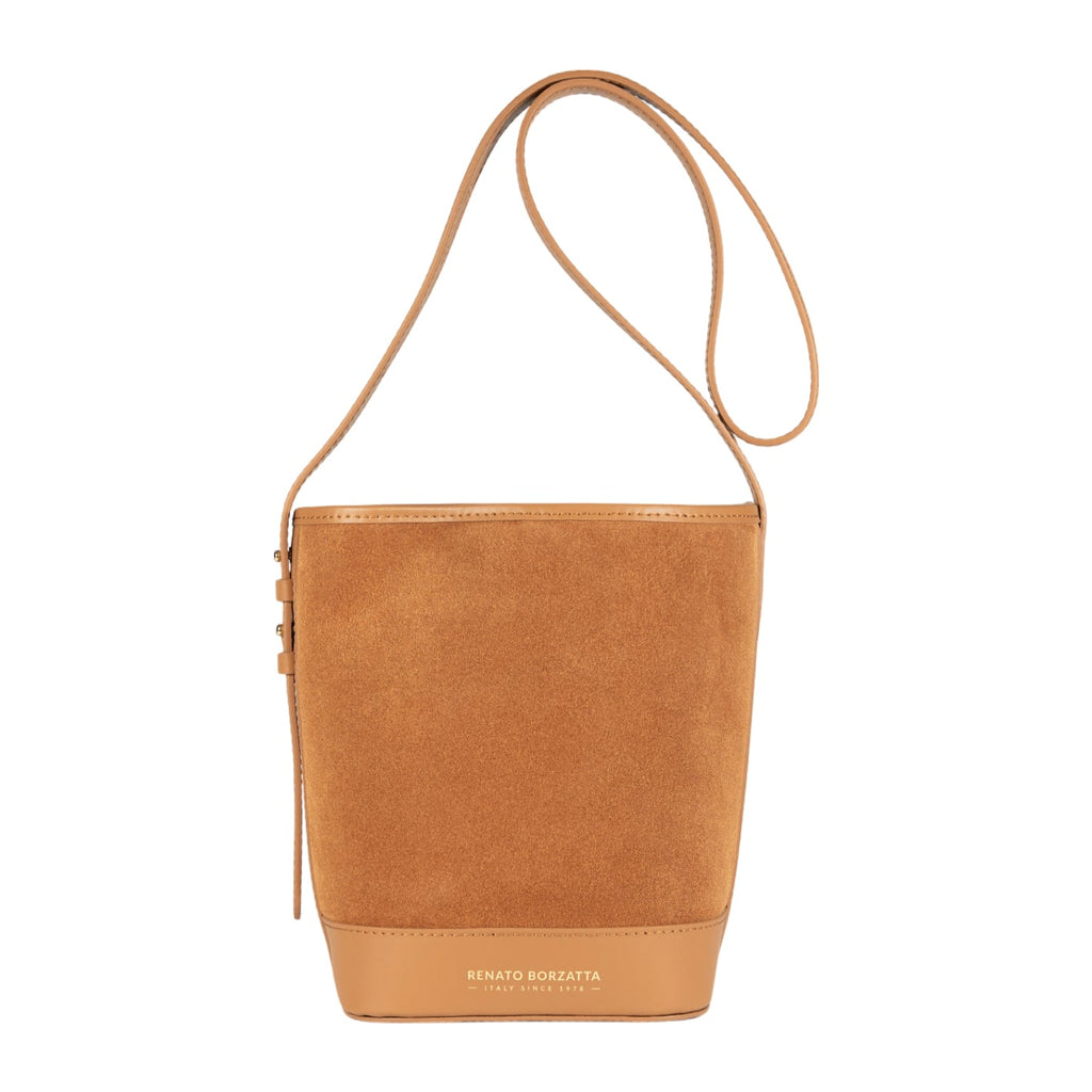 RB1031CQ | BRENDA Genuine Leather Women's Bucket Bag Made in Italy. Shiny Gold metal hardware - Leather color - Dimensions: 25 x 23.5 x 17 cm.